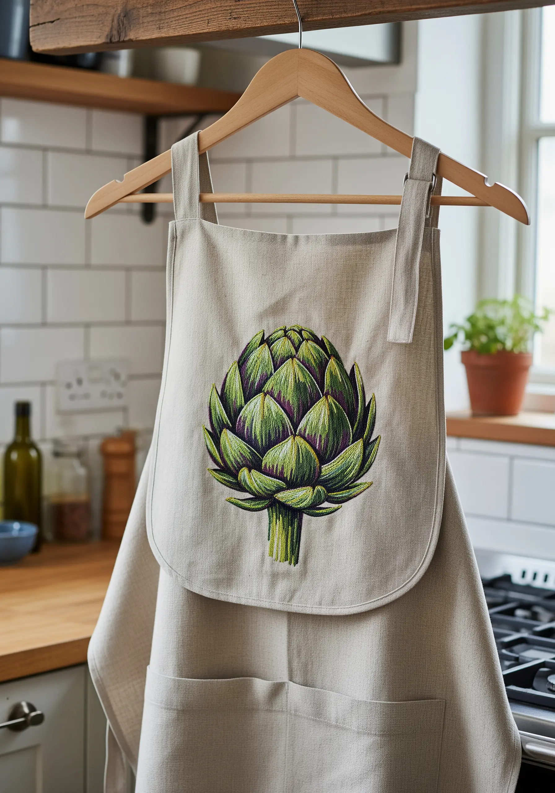 A linen apron featuring a large, realistically embroidered artichoke with detailed color blending.