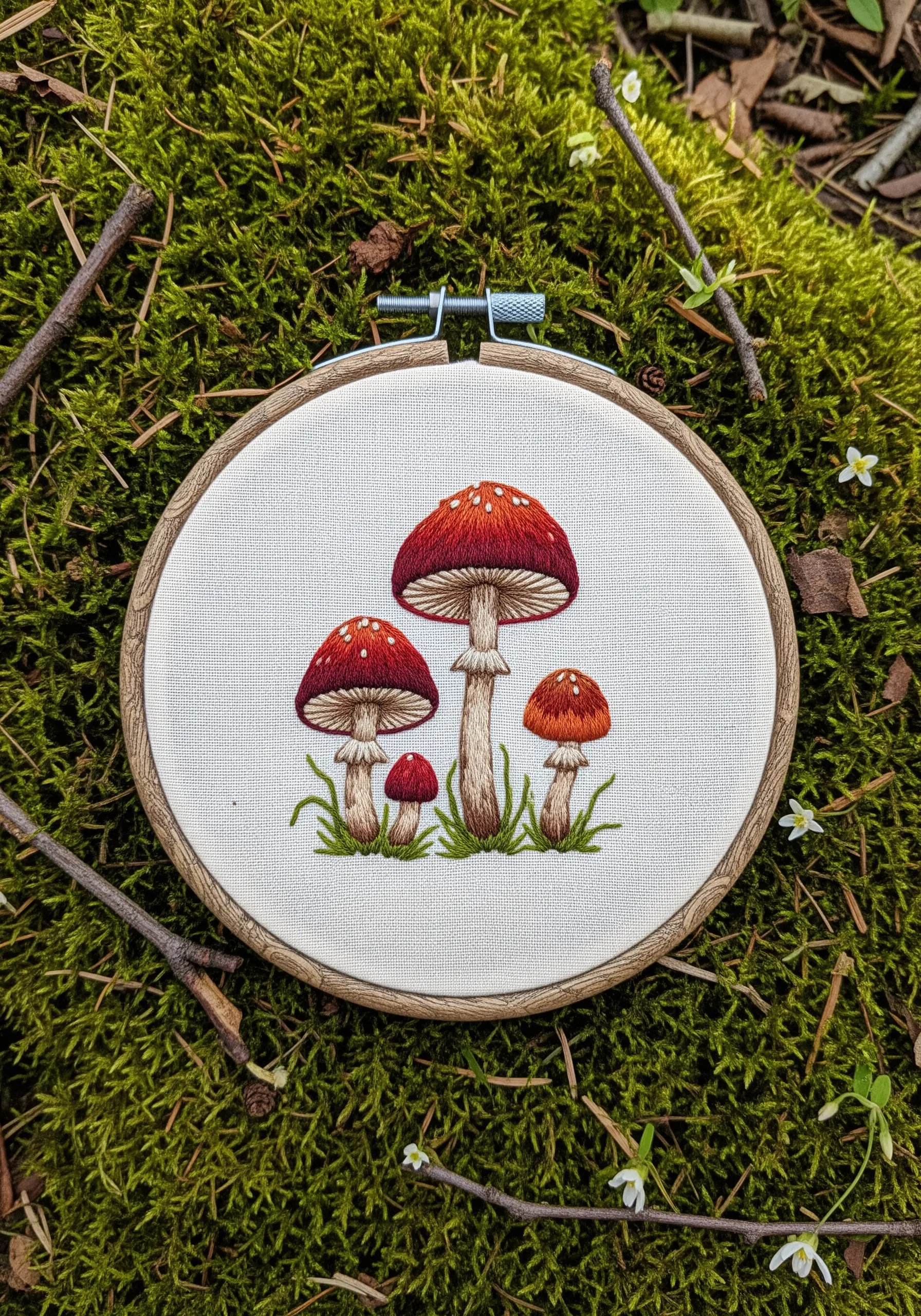A family of embroidered mushrooms with realistic color blending on the caps.