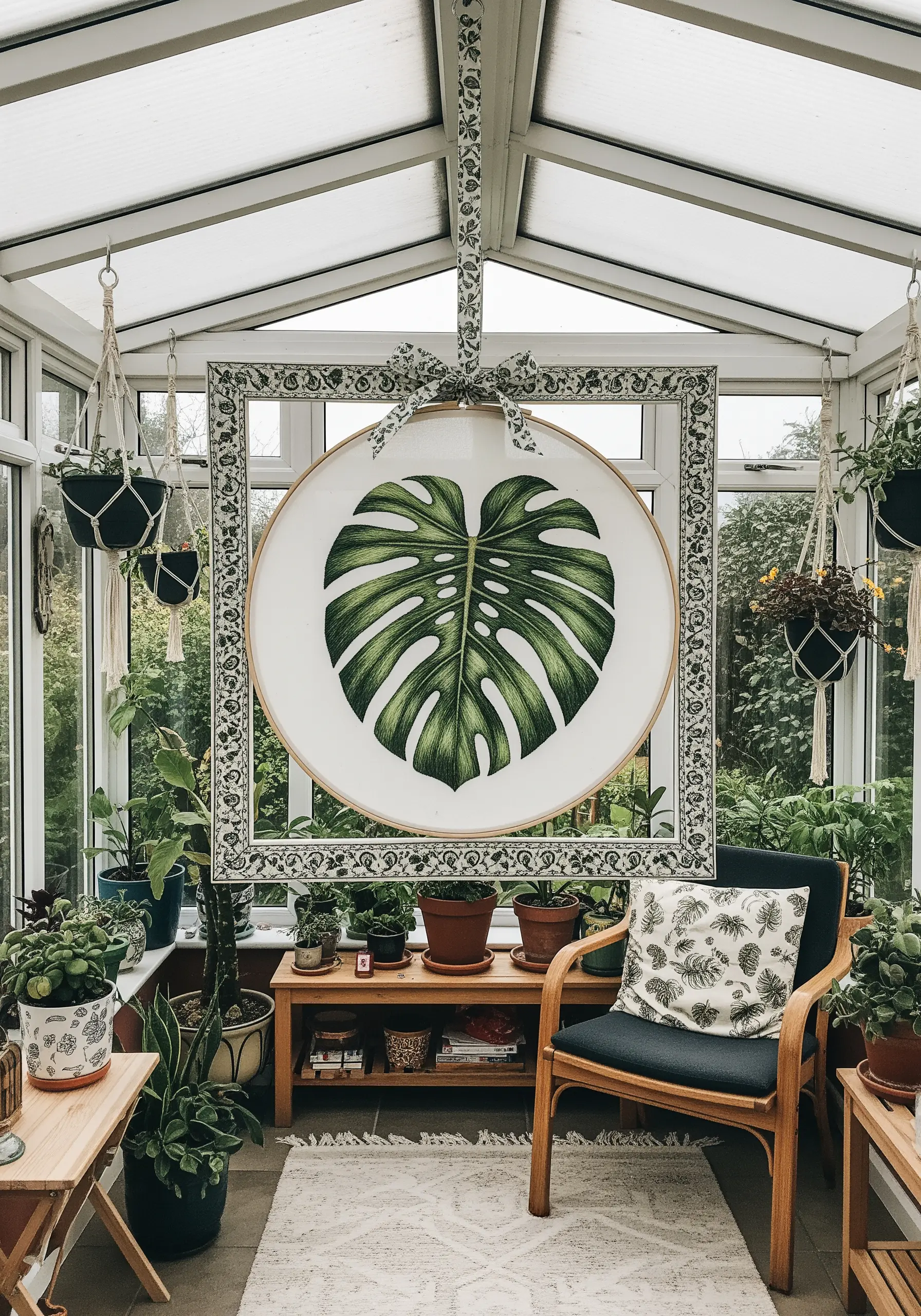 A large, realistically embroidered Monstera leaf in a hoop, hanging in a bright conservatory.