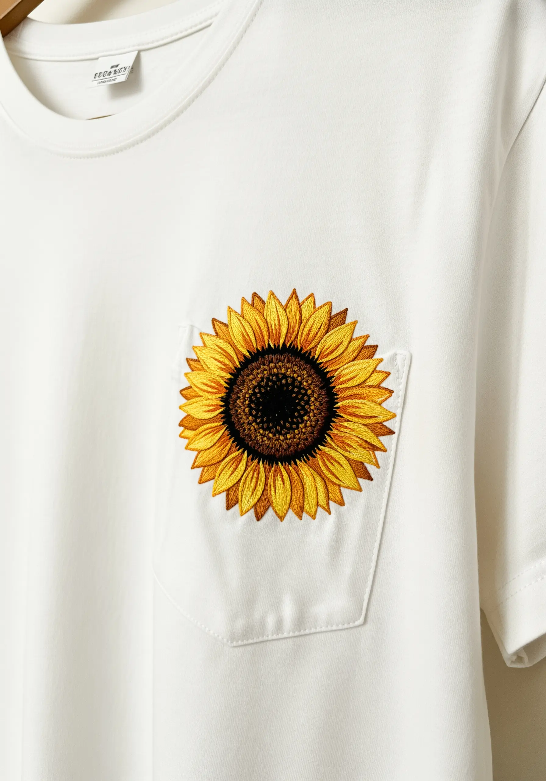 A realistic sunflower with layered yellow petals embroidered on the pocket of a white t-shirt.