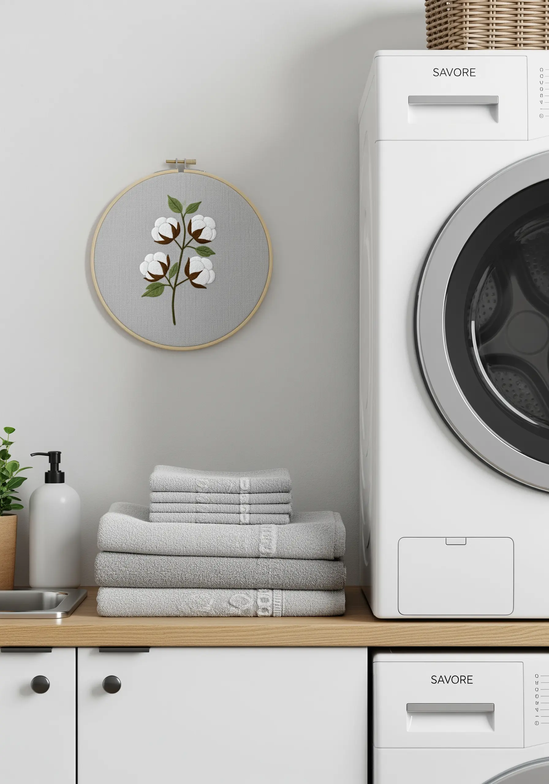 Embroidery of a cotton plant with fluffy, 3D cotton bolls on gray fabric.