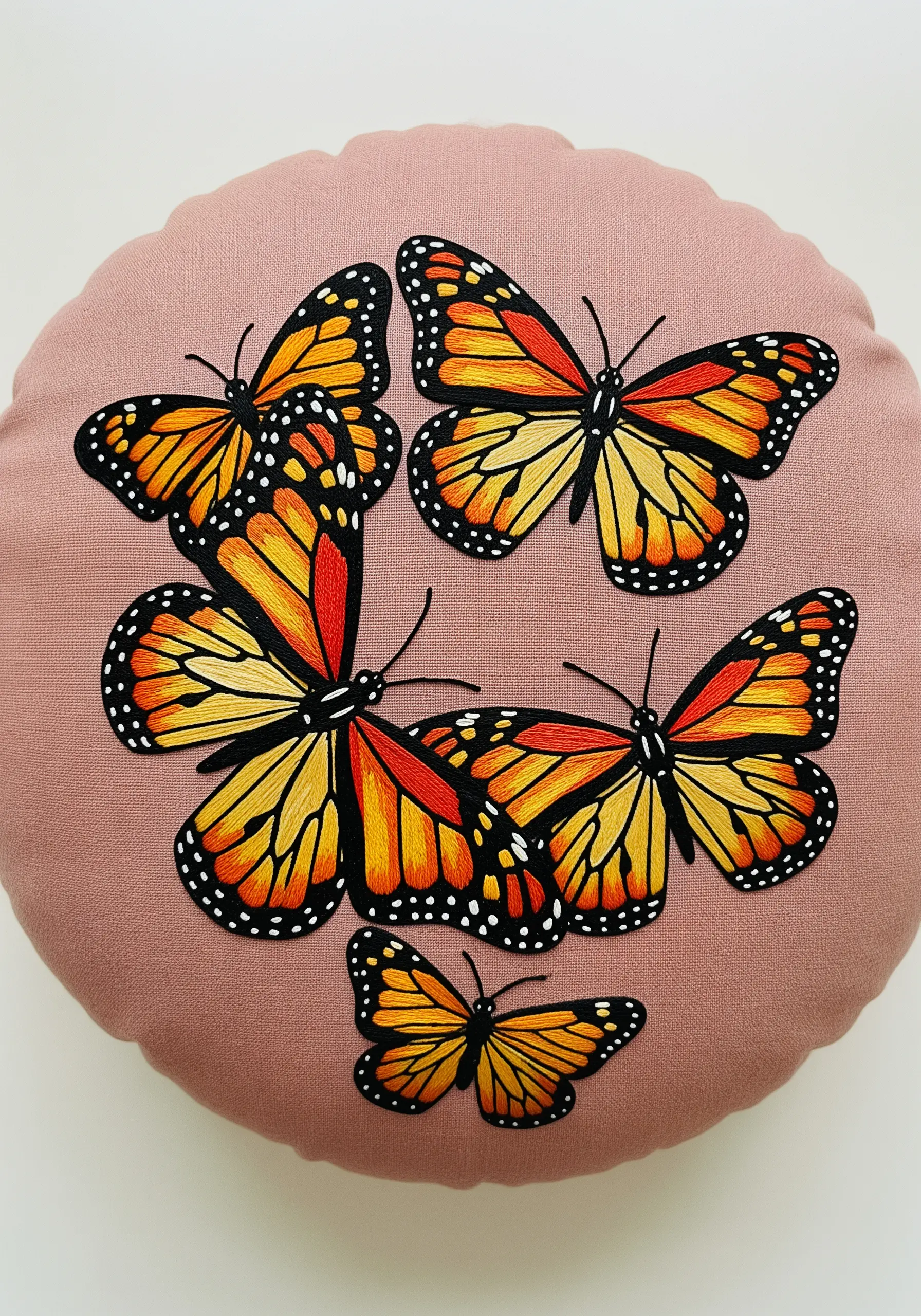 Several monarch butterflies embroidered with realistic color blending on a pink pillow.
