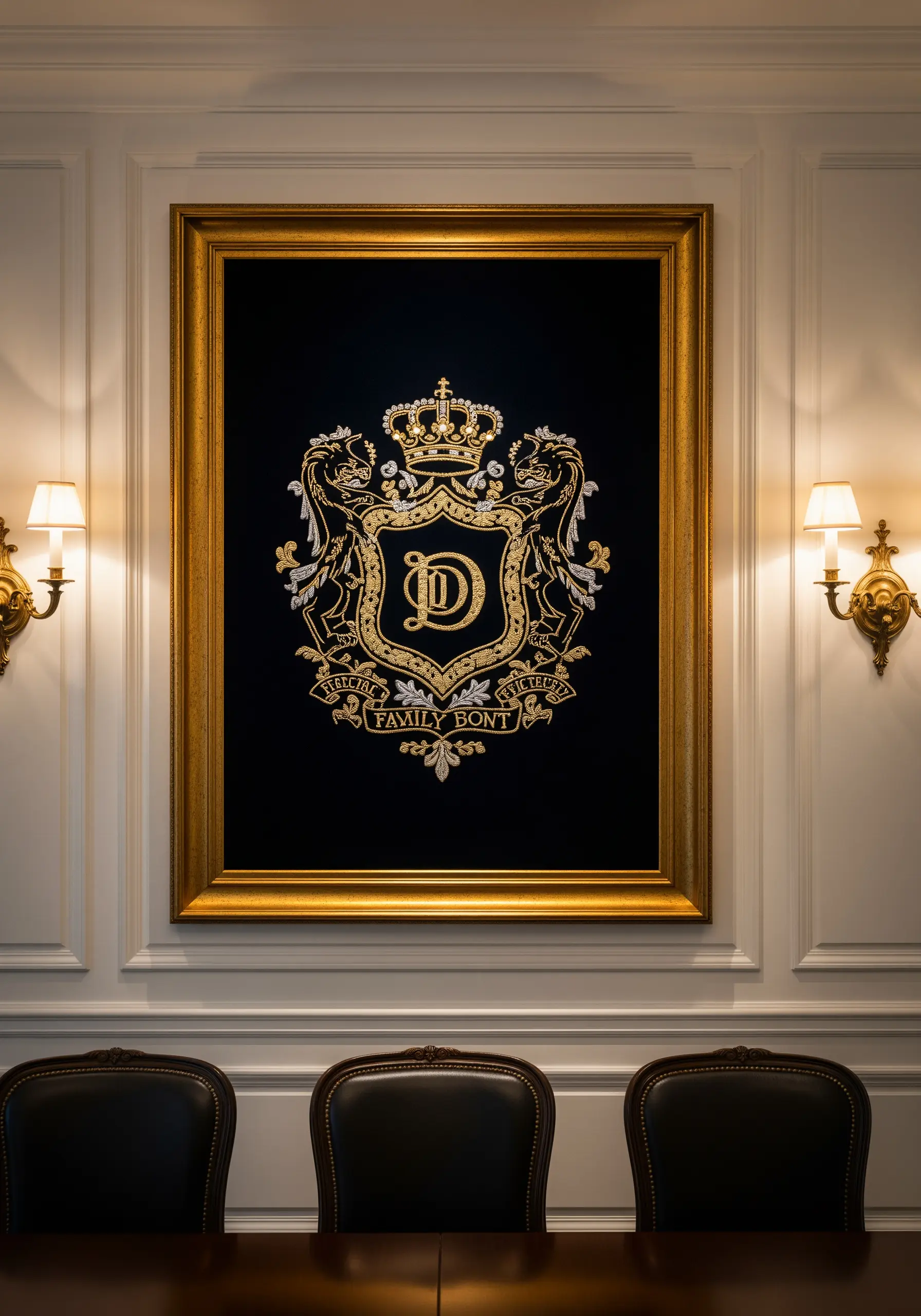Ornate family crest embroidered with gold and silver metallic threads on black fabric.