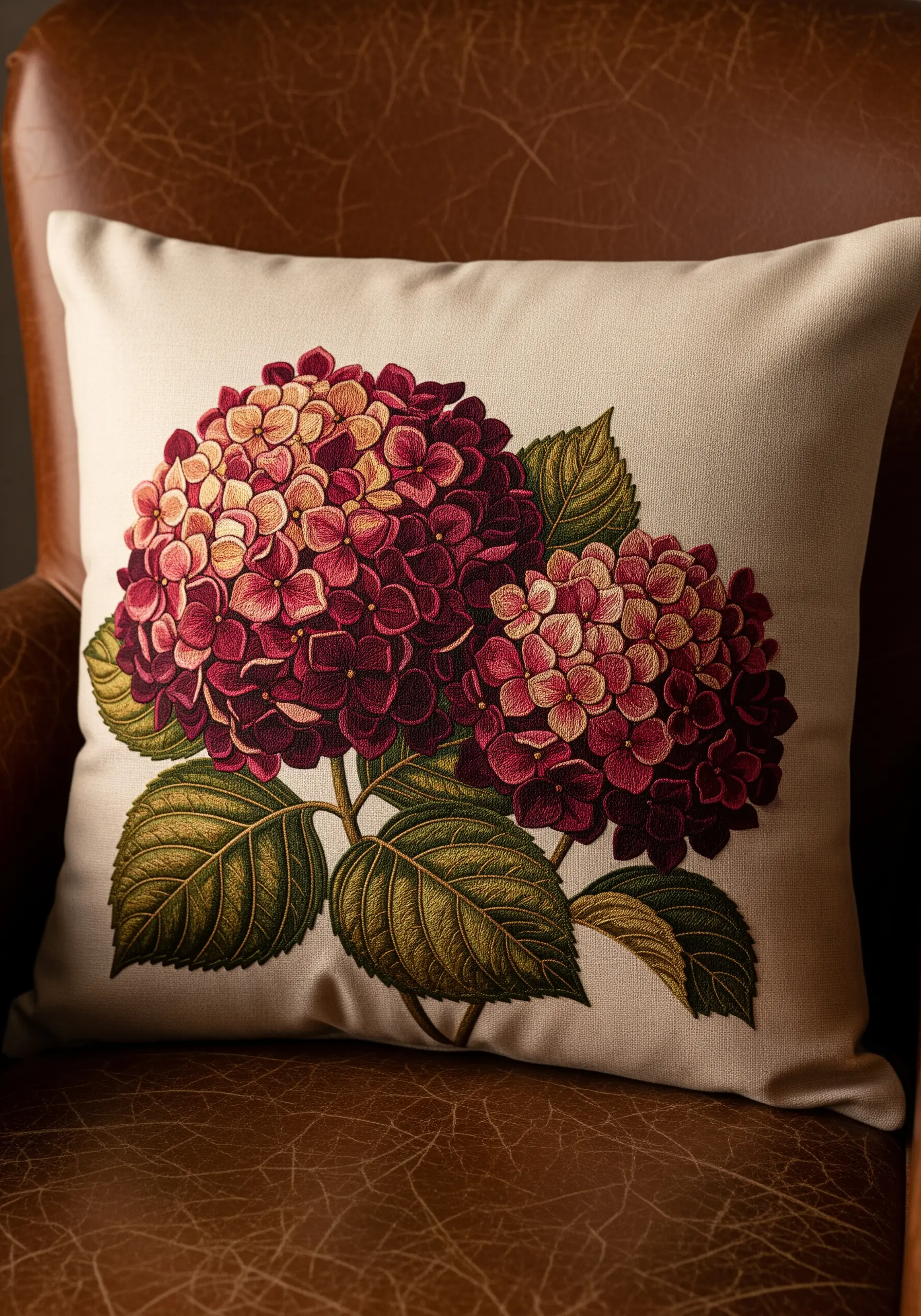 Embroidered pillow with two hydrangea blooms in rich, antiqued red and cream tones.