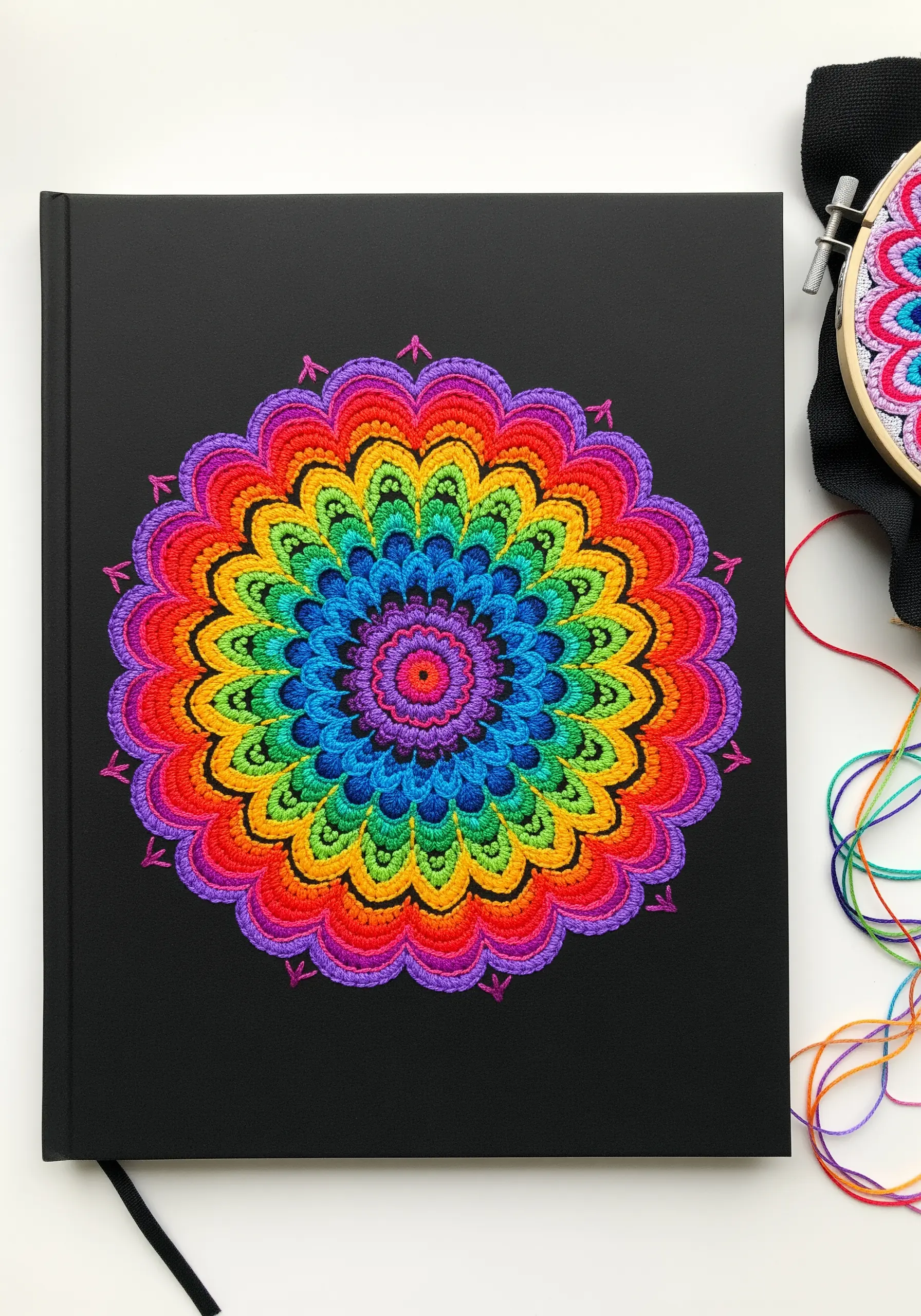 A brightly colored rainbow mandala with raised satin stitches on a black journal cover.