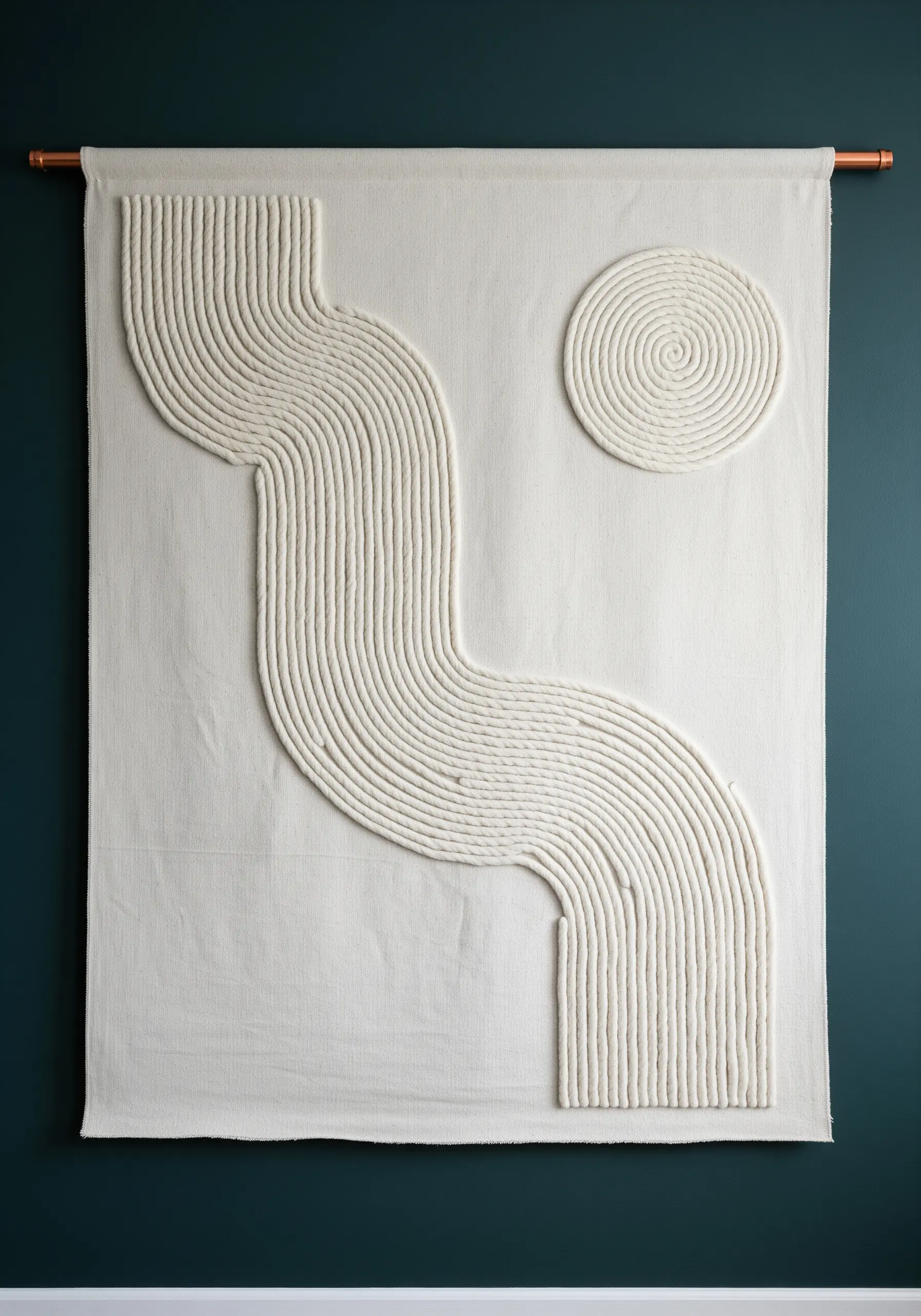 A large off-white wall hanging with thick yarn couched onto canvas in abstract curved lines.