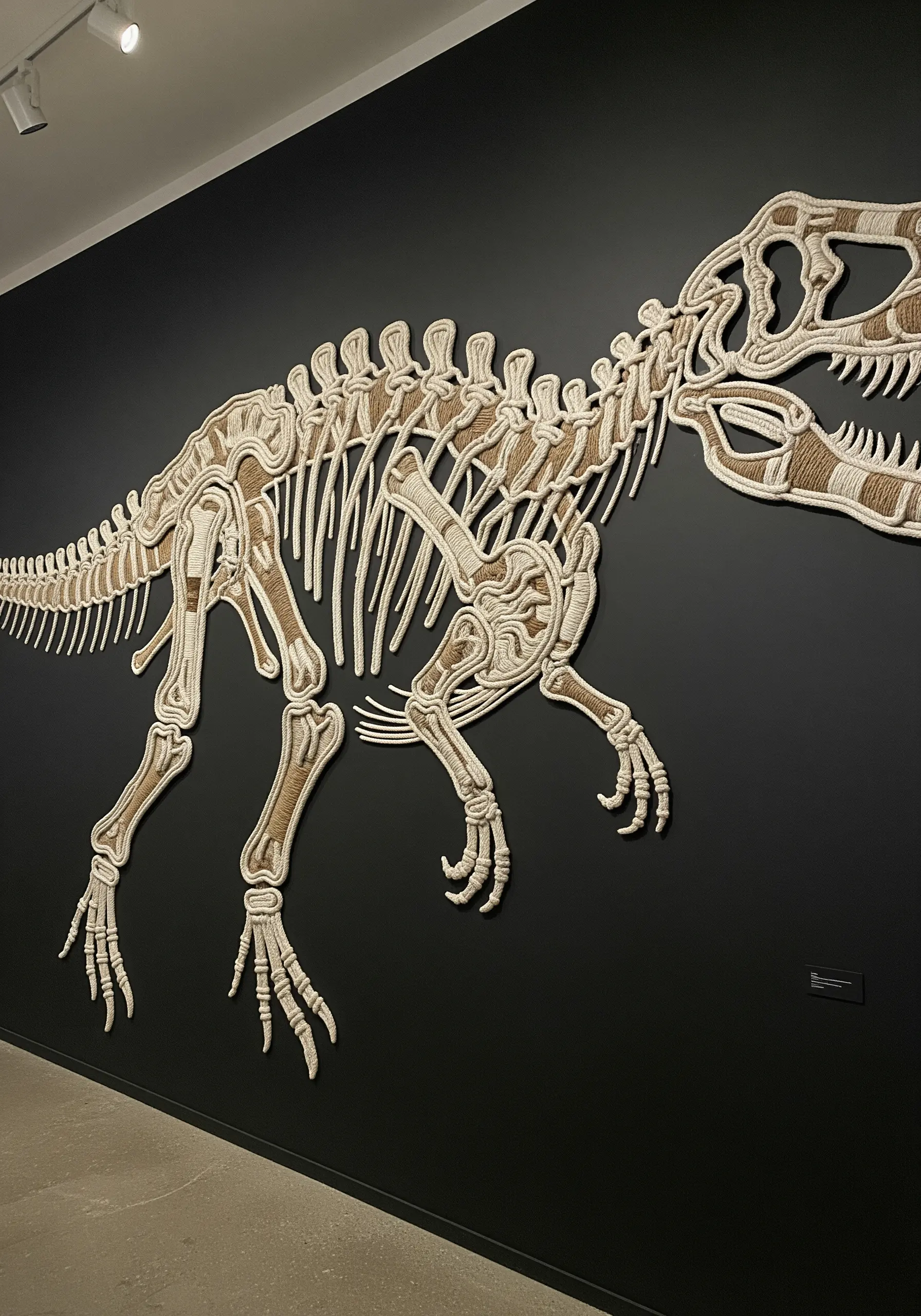 A life-sized dinosaur skeleton made from padded, corded fiber art mounted on a black wall.