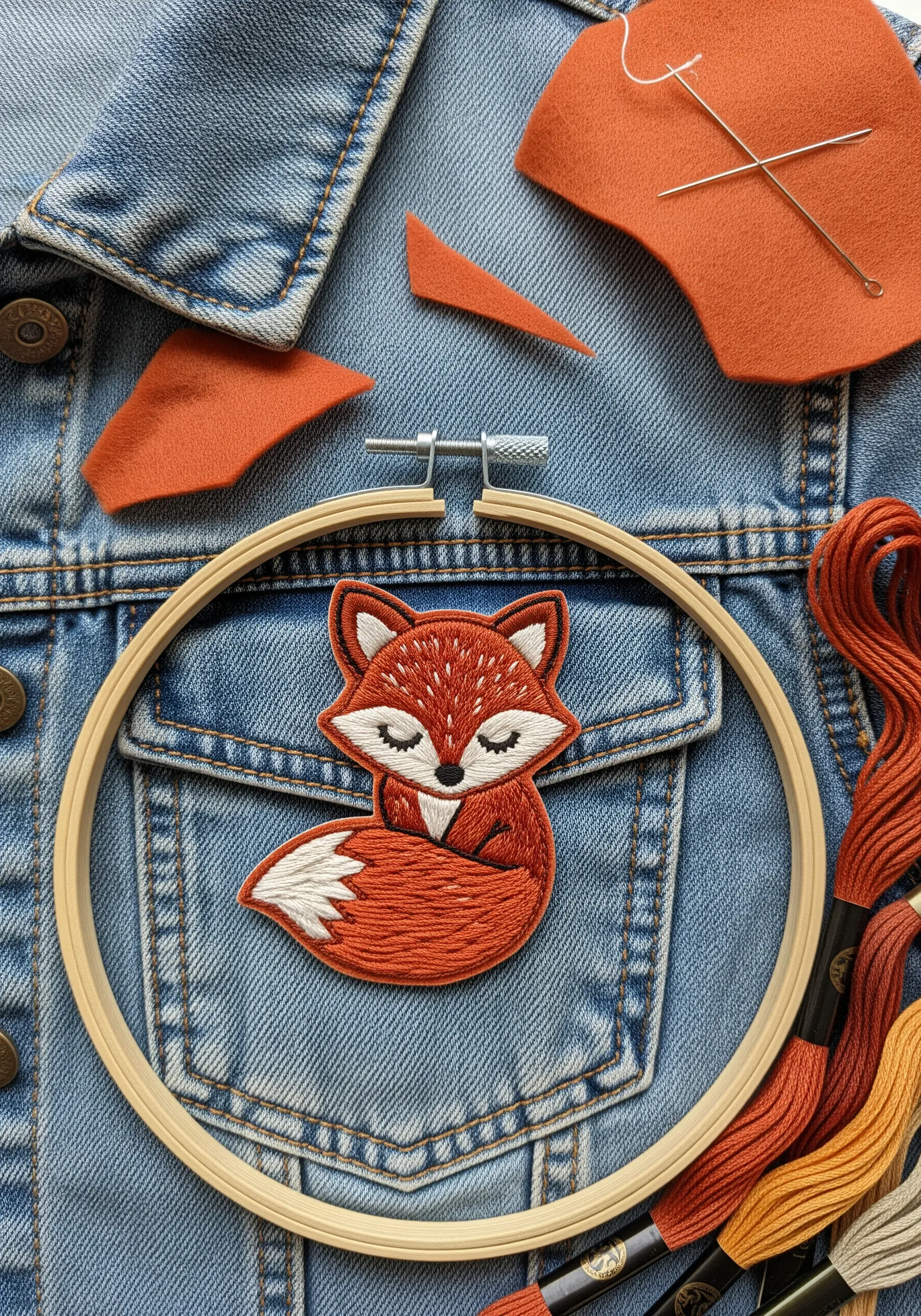 A detailed embroidered fox patch with felt appliqué base being stitched on a denim jacket.