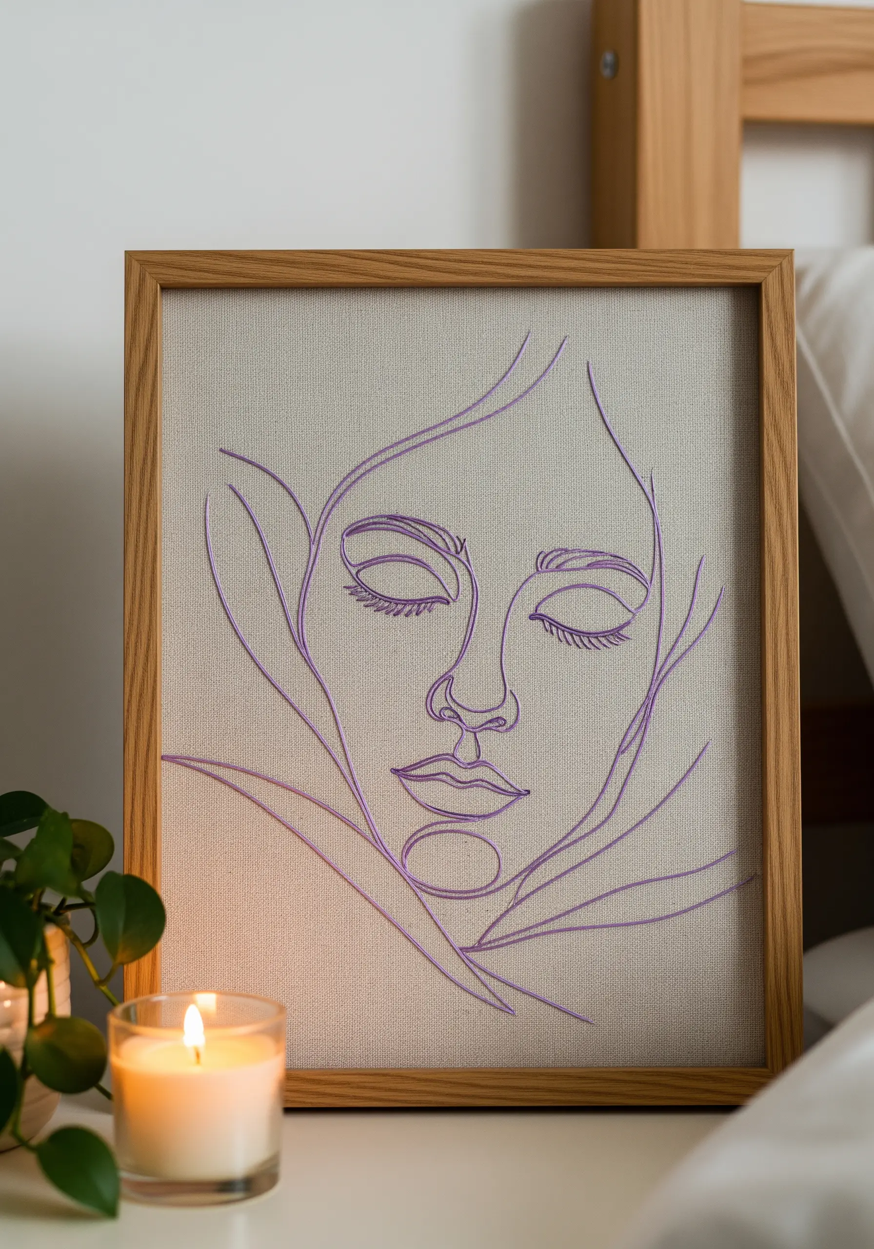 A serene face with closed eyes stitched in lavender thread on oatmeal-colored fabric.