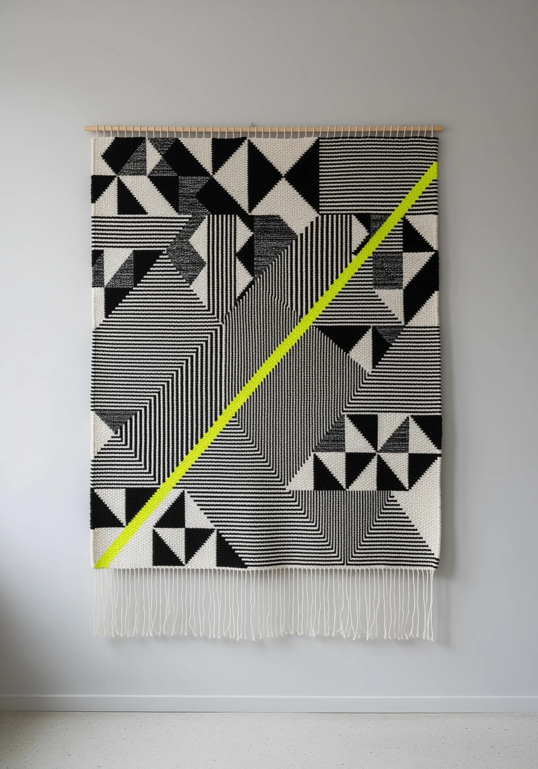 A large black and white geometric woven tapestry with a single diagonal neon yellow line.