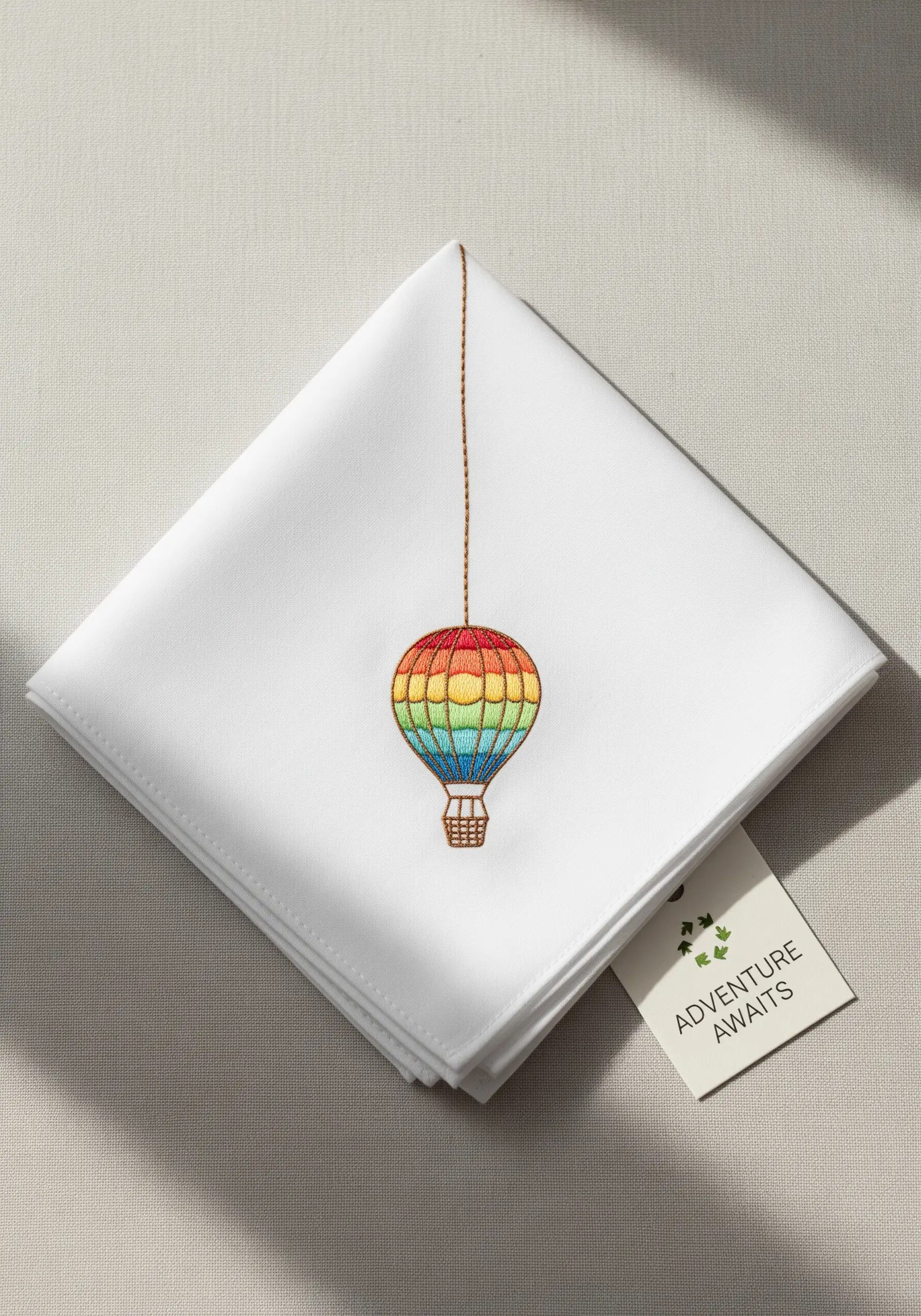 A small hot air balloon with a smooth rainbow gradient embroidered on a white handkerchief.