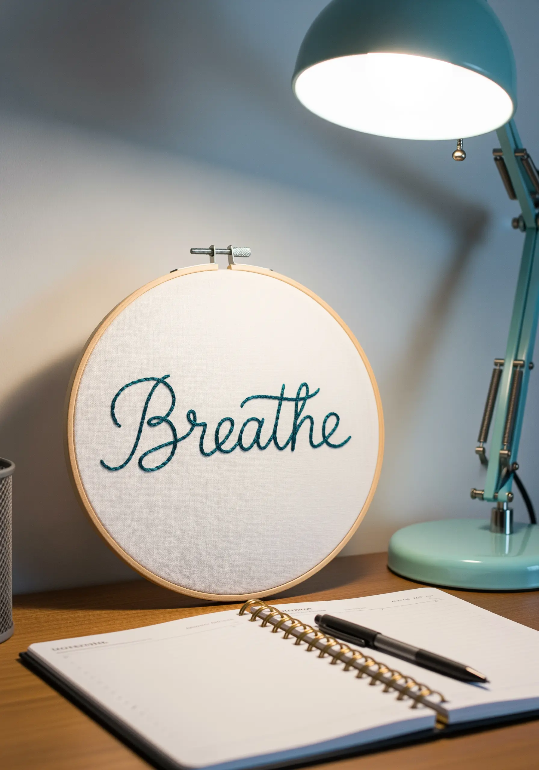A simple embroidery hoop with the word 'Breathe' in a clean cursive script.