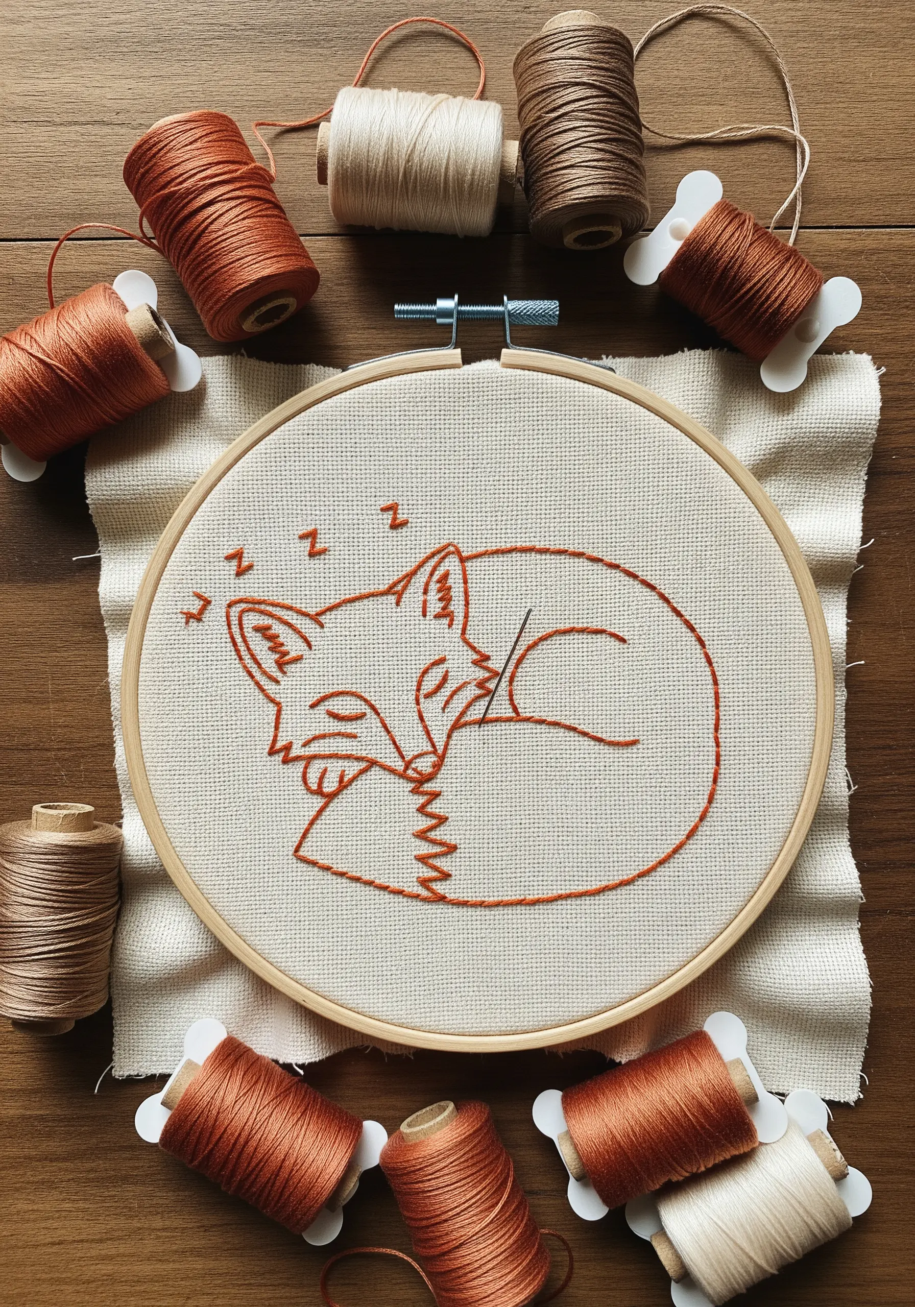 A simple outline embroidery of a sleeping fox in terracotta-colored thread.