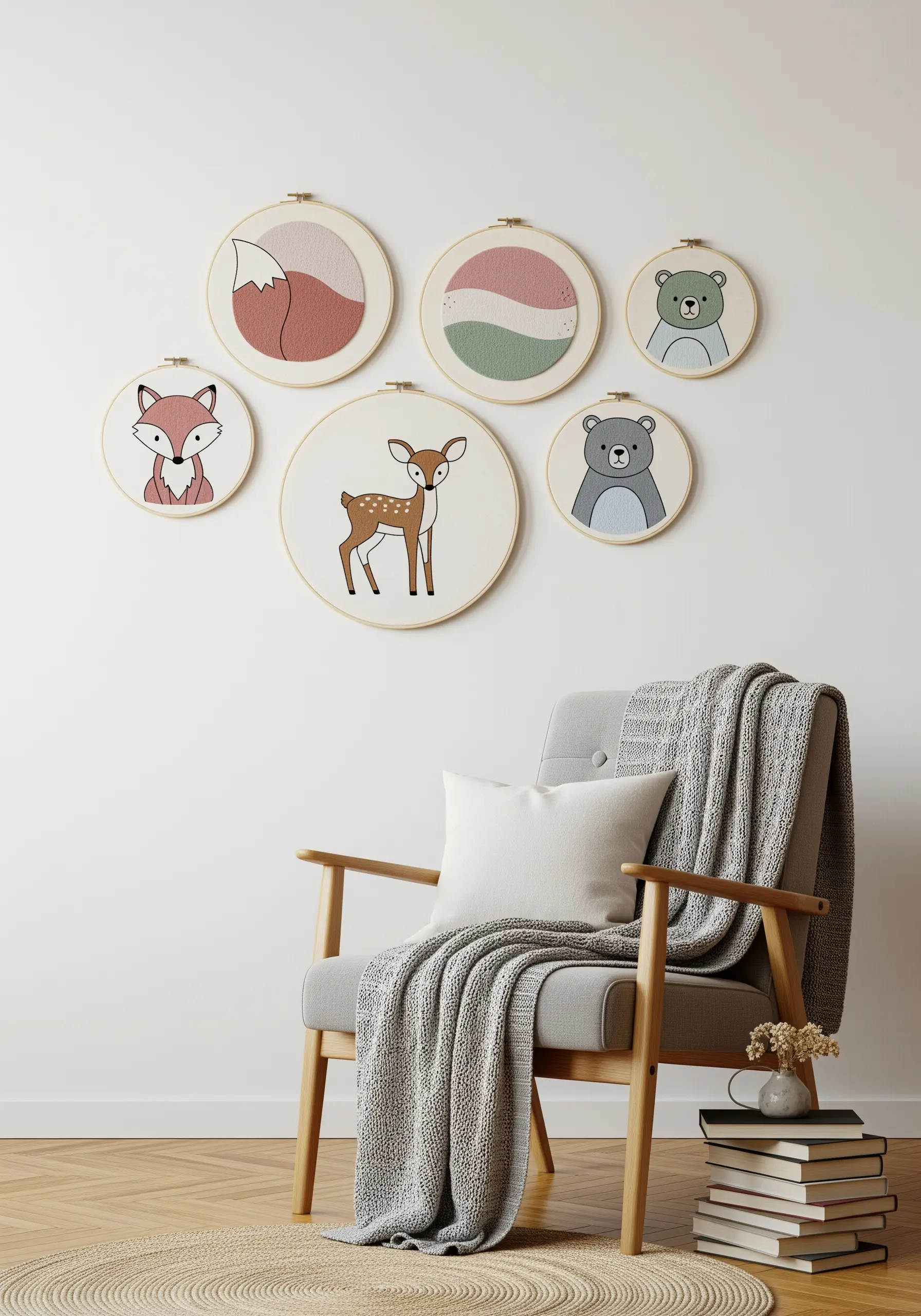 A collection of embroidery hoops featuring minimalist woodland animals like a fox, deer, and bear.