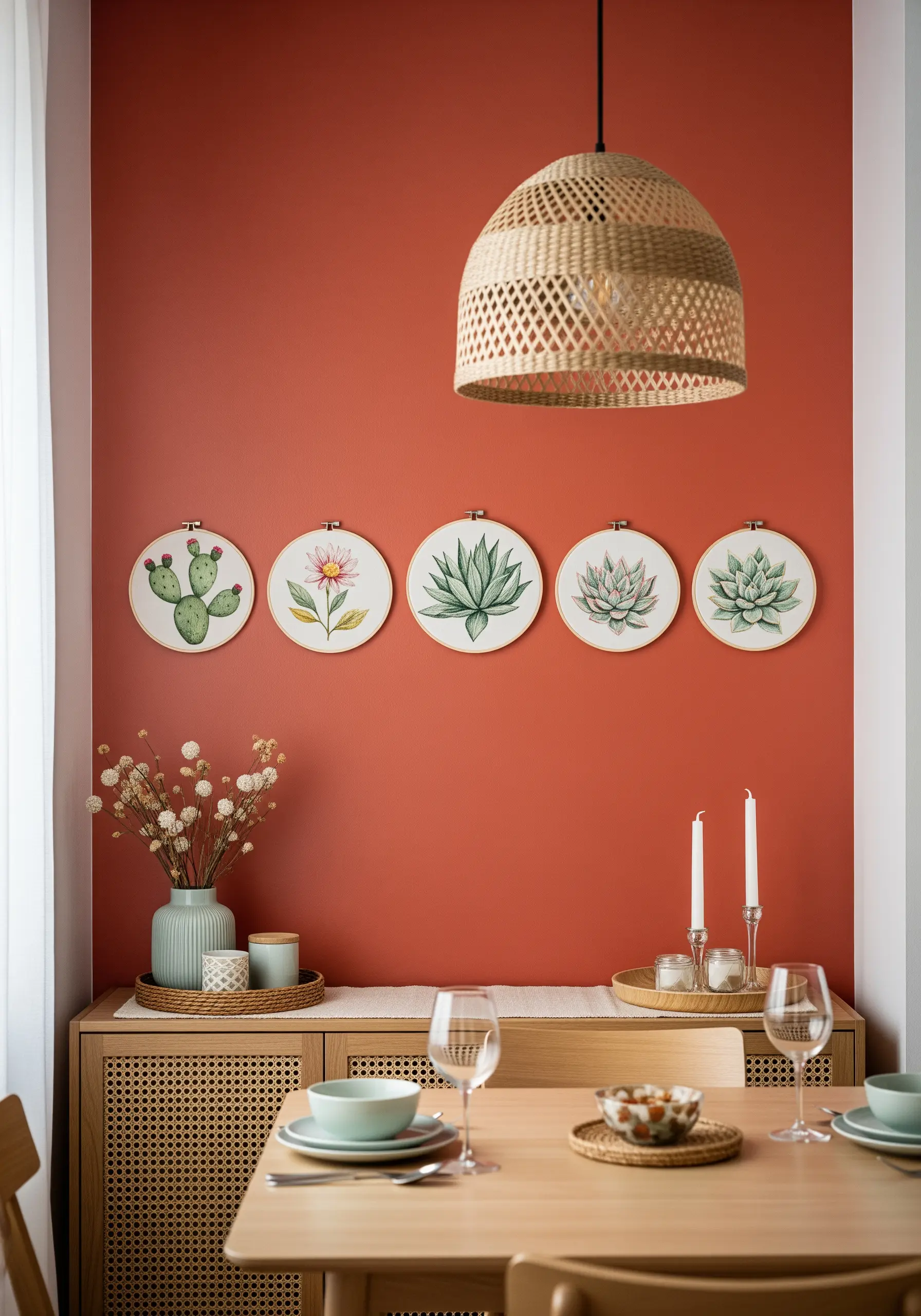 A horizontal row of five hoops with embroidered cacti and succulents on a terracotta-colored wall.