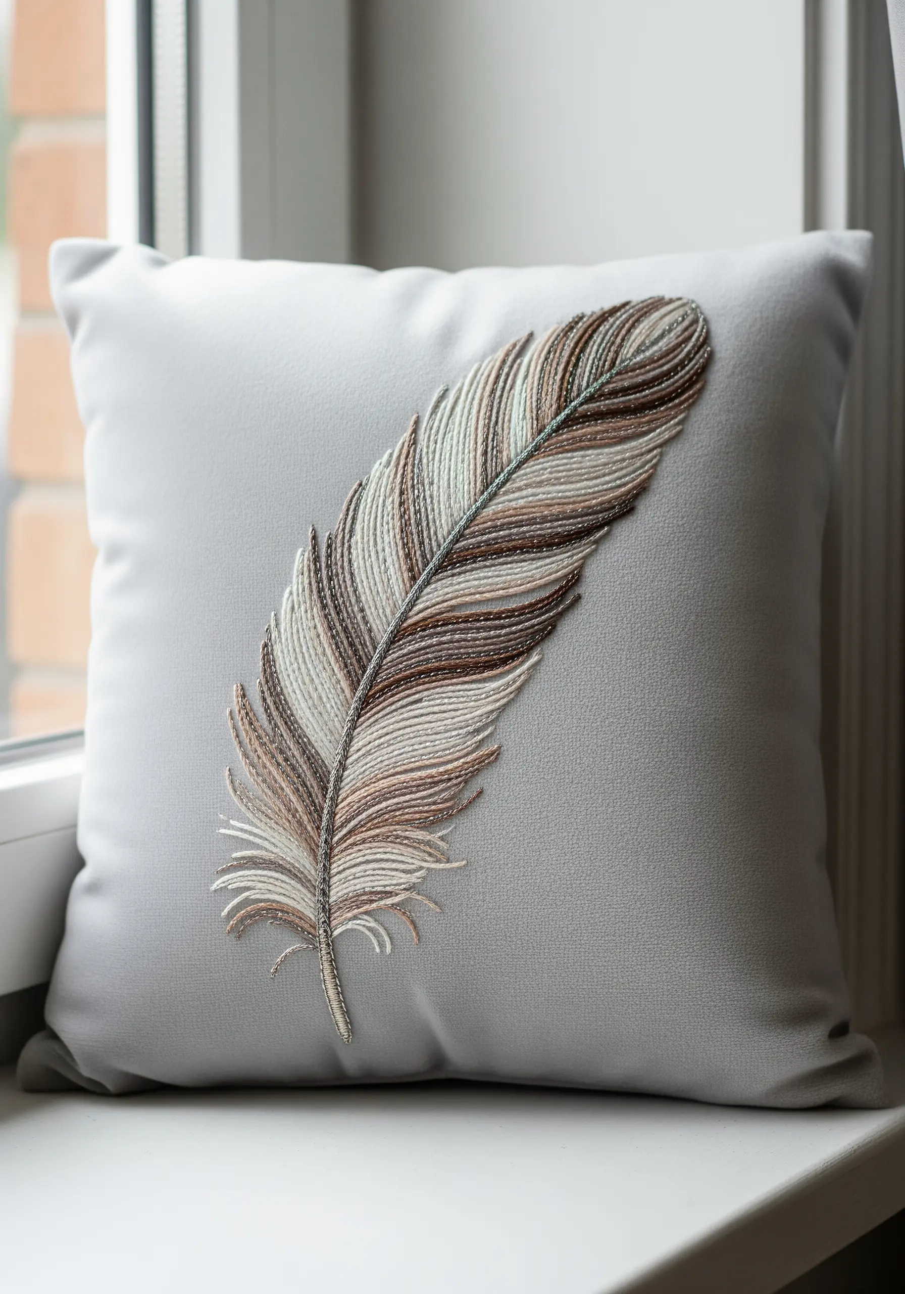 A highly realistic embroidered feather on a grey cushion, using directional satin stitch.
