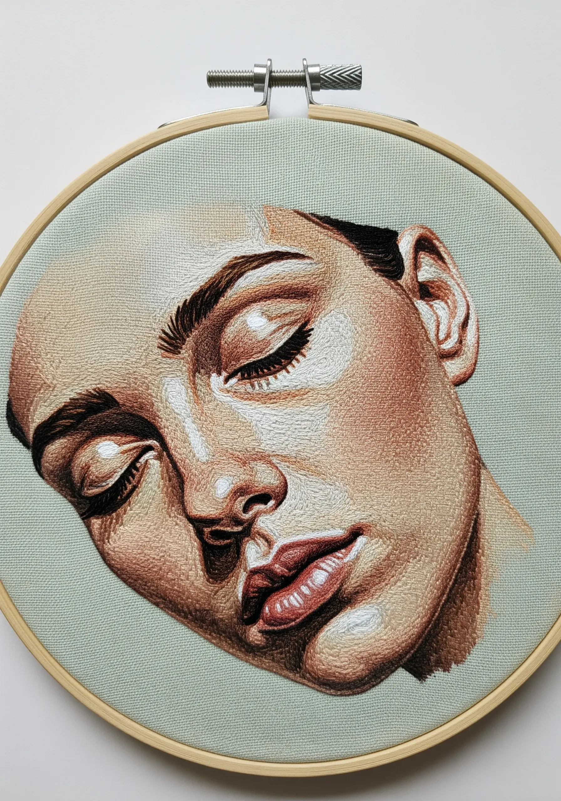 Embroidered portrait of a sleeping face with soft, subtly blended skin tones.