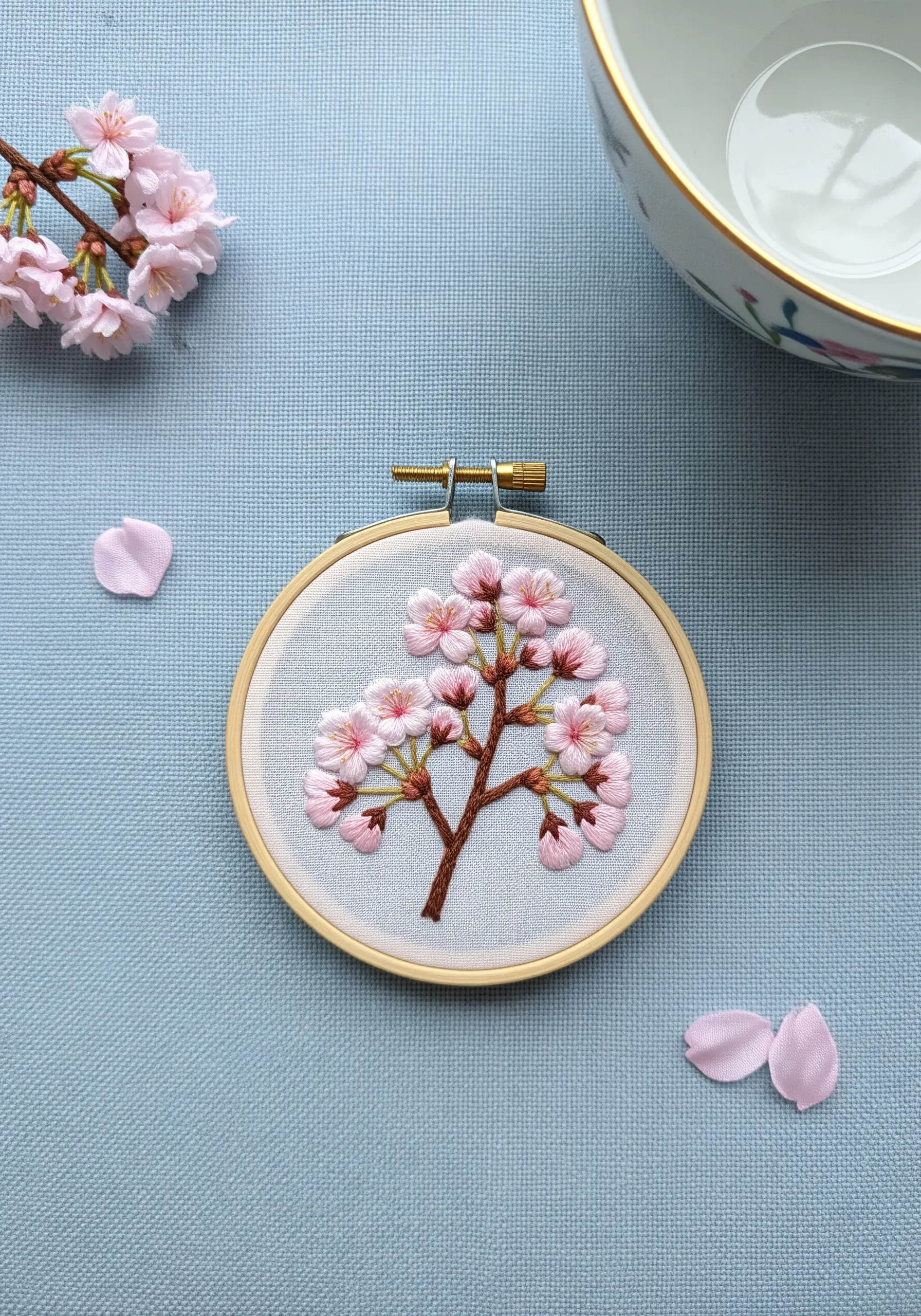 A branch of delicate pink cherry blossoms embroidered on a light blue background.