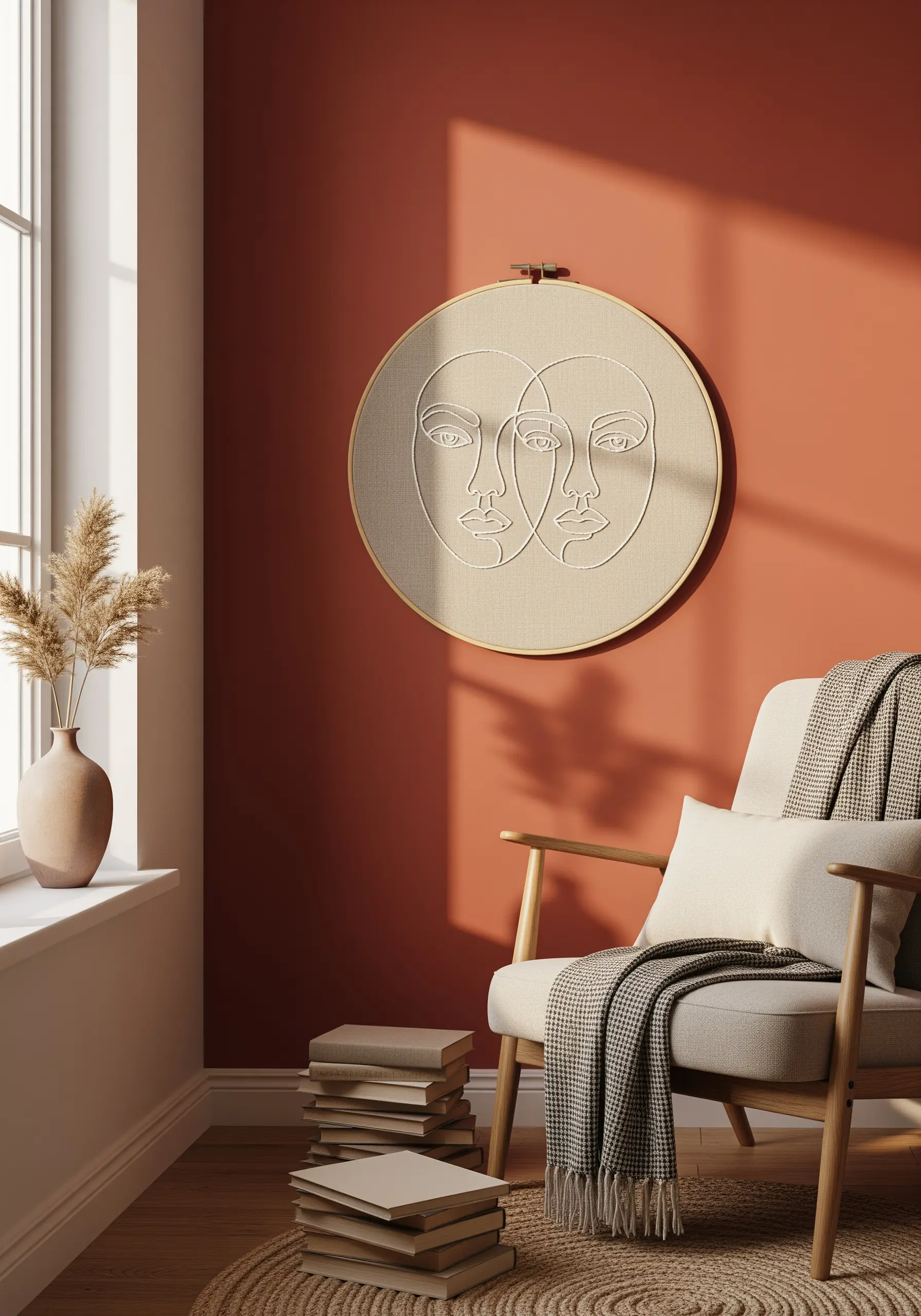 Two overlapping faces stitched in white thread on neutral linen in a large hoop.