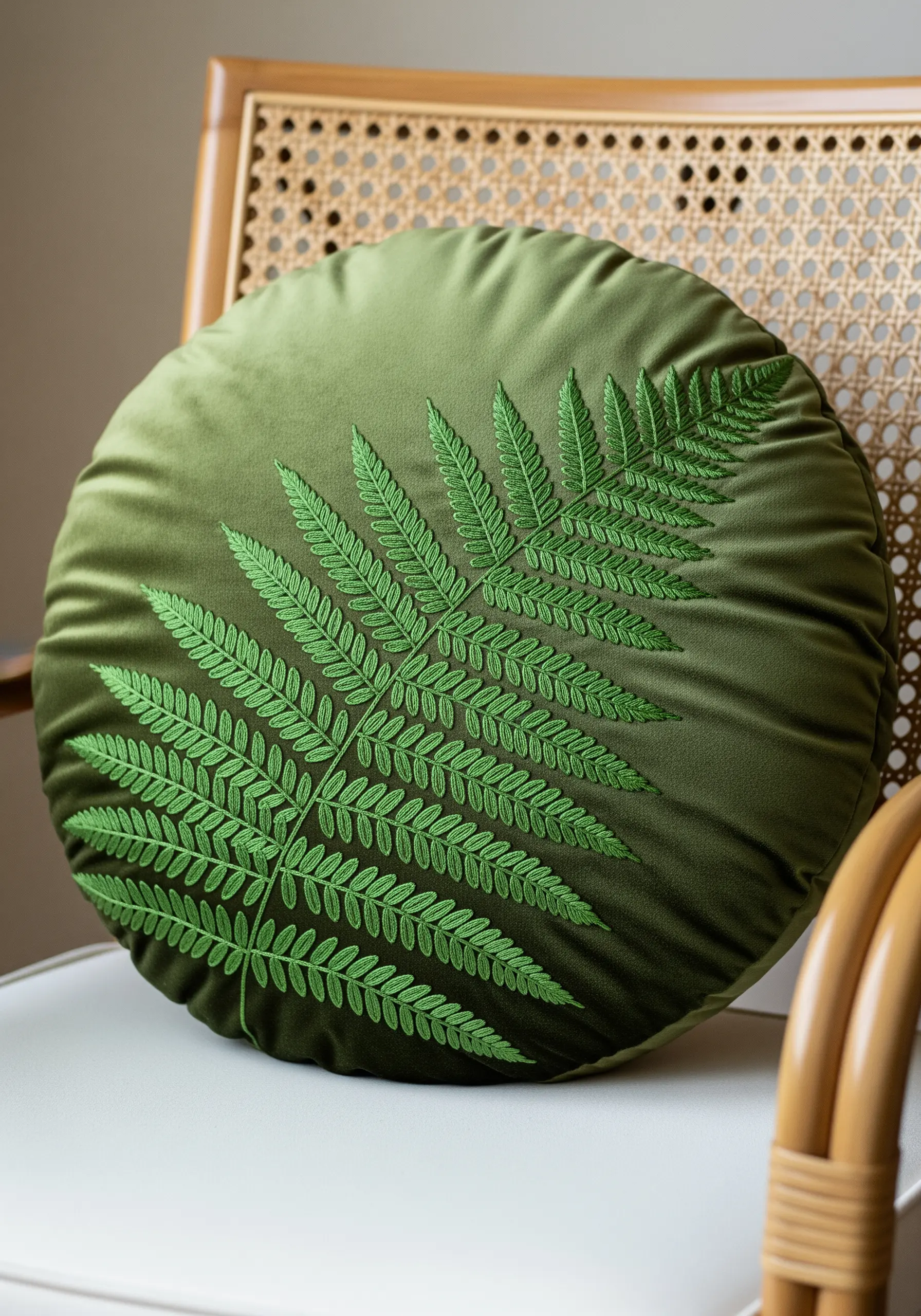 A bright green fern embroidered on a dark olive green velvet round cushion.