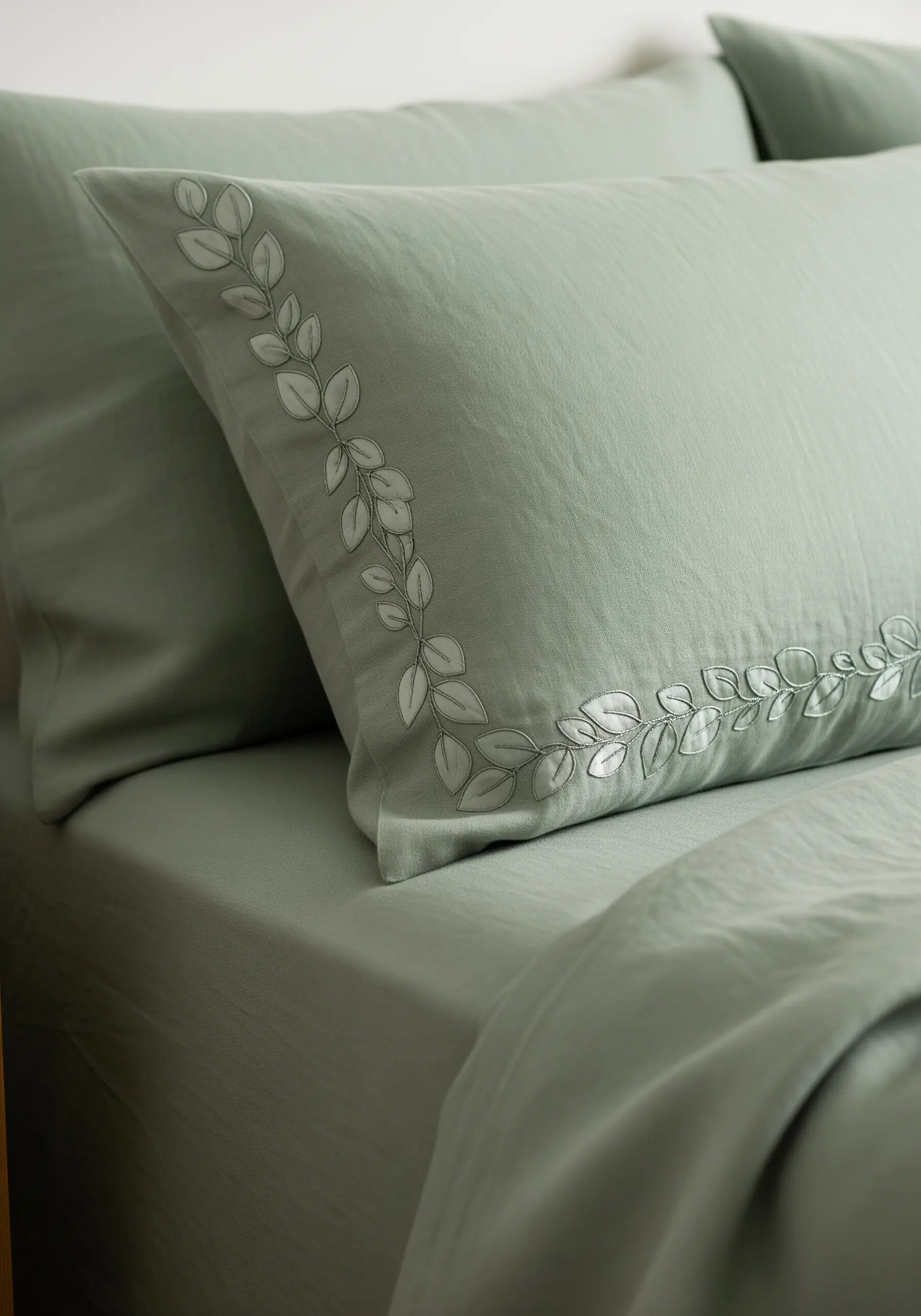 A sage green pillowcase with a subtle, tone-on-tone embroidered leaf border.