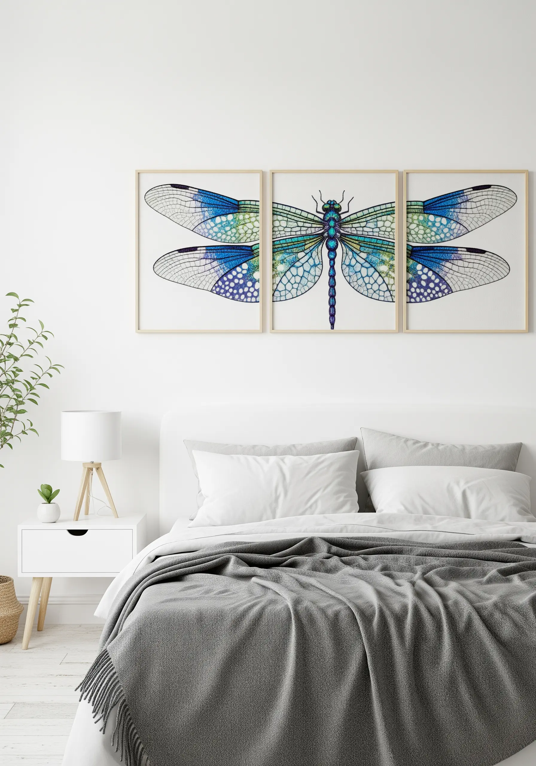 A triptych of a large, detailed embroidered dragonfly with translucent wings.