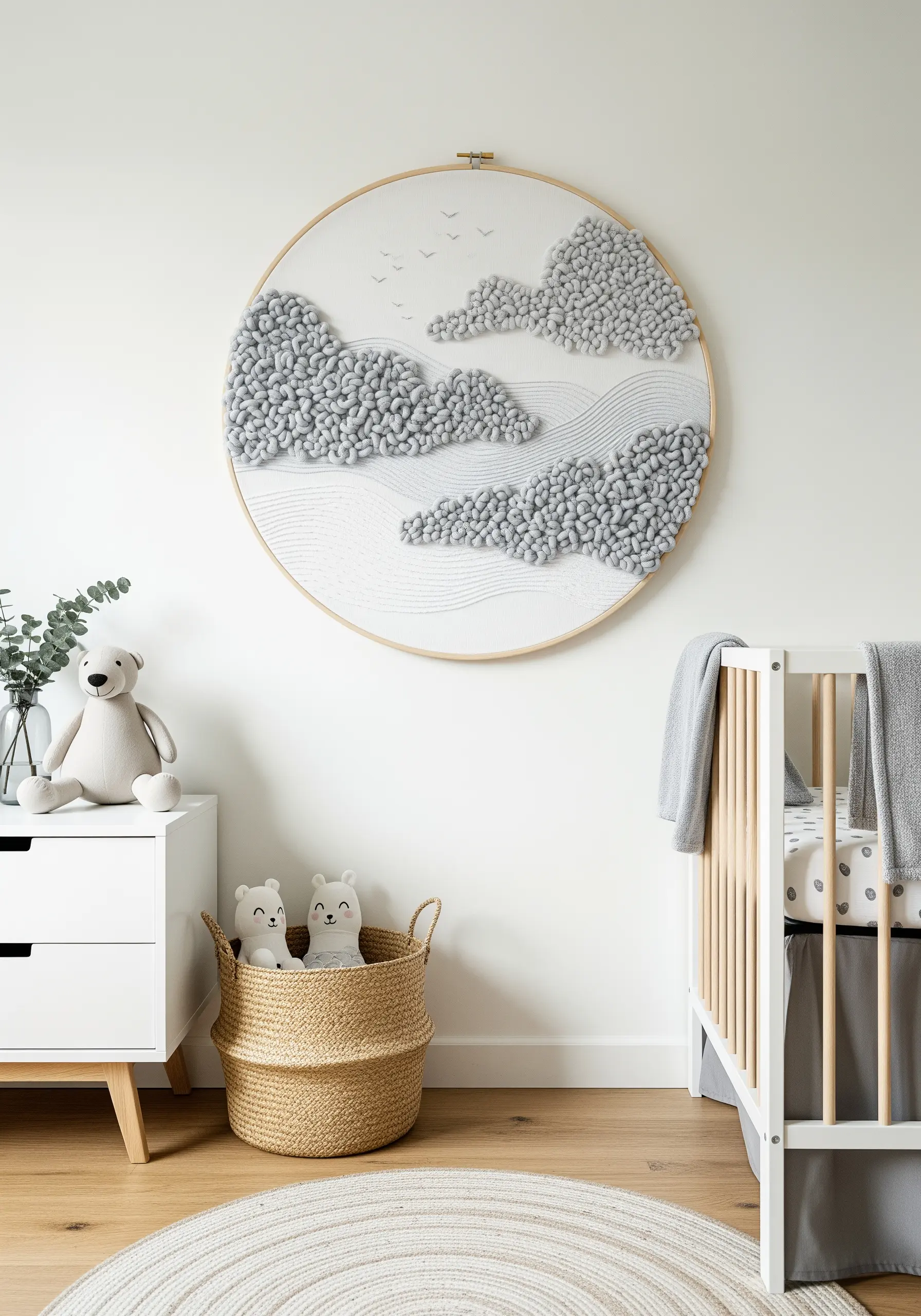 A large embroidery hoop in a nursery with plush, textured clouds made with punch needle.