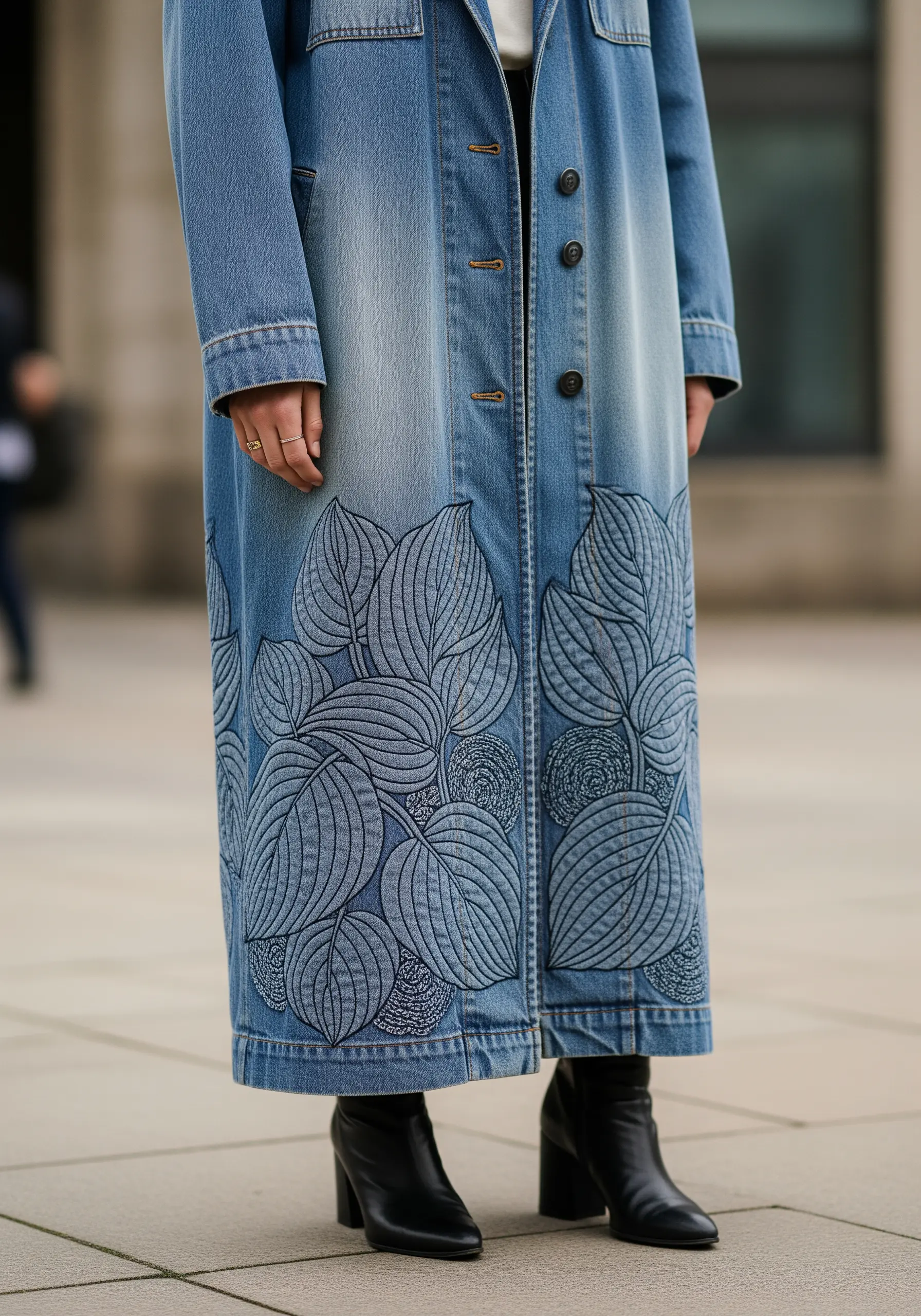 Large, overlapping leaf outlines stitched in a dark blue thread on a light blue denim coat.