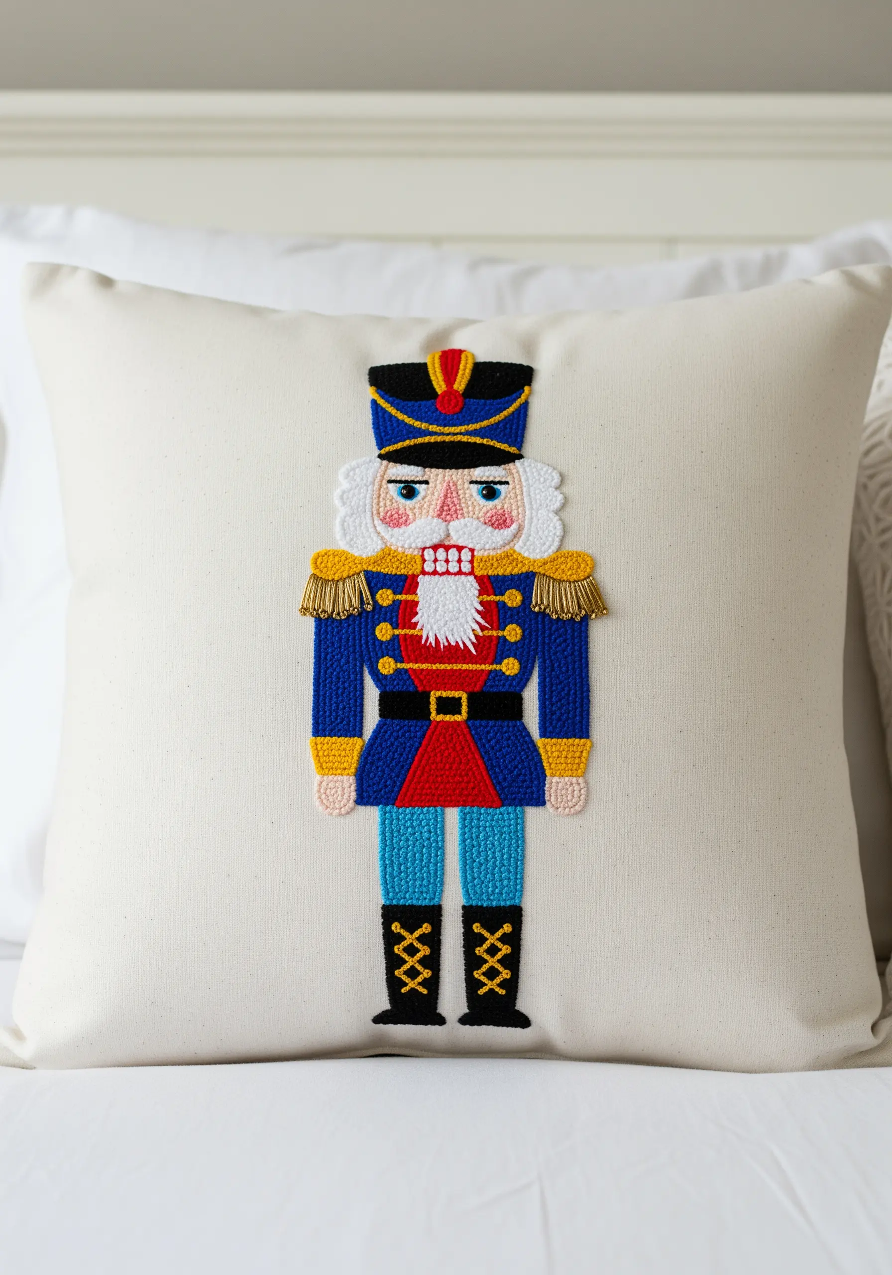 A needlepoint nutcracker figure with bold colors on an off-white pillow.