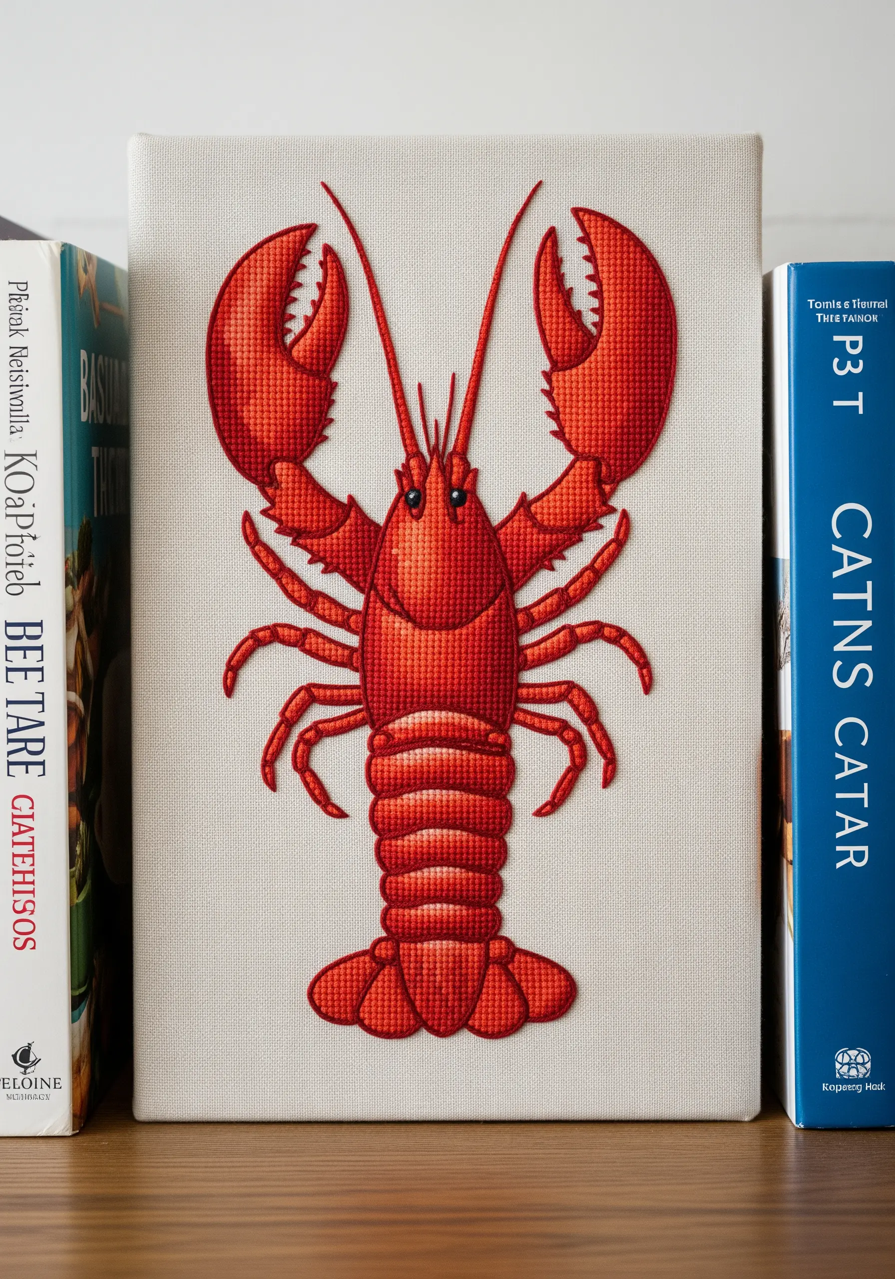 Red lobster embroidery with a flawless fill achieved using brick stitch.
