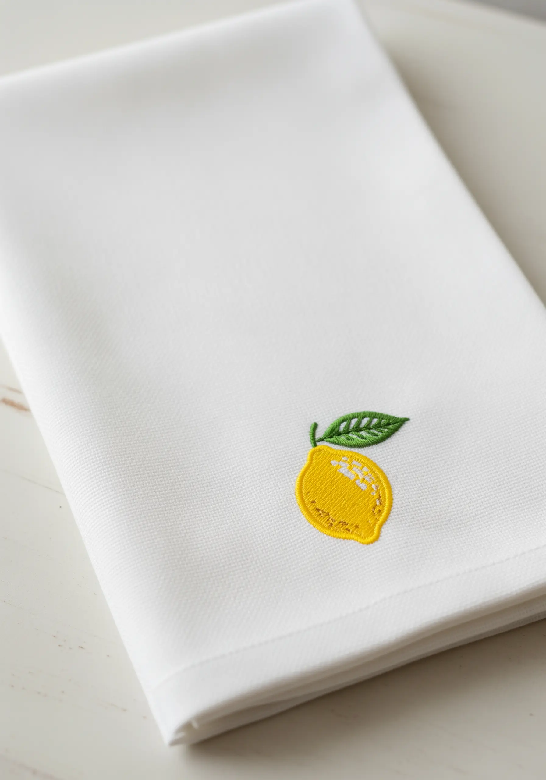 A cleanly embroidered lemon motif with a green leaf on a white napkin.