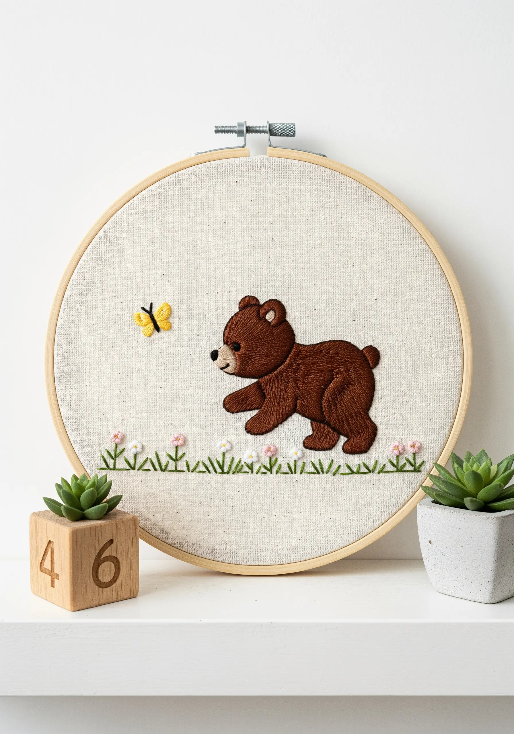 Smooth satin stitch bear cub with a tiny embroidered yellow butterfly.
