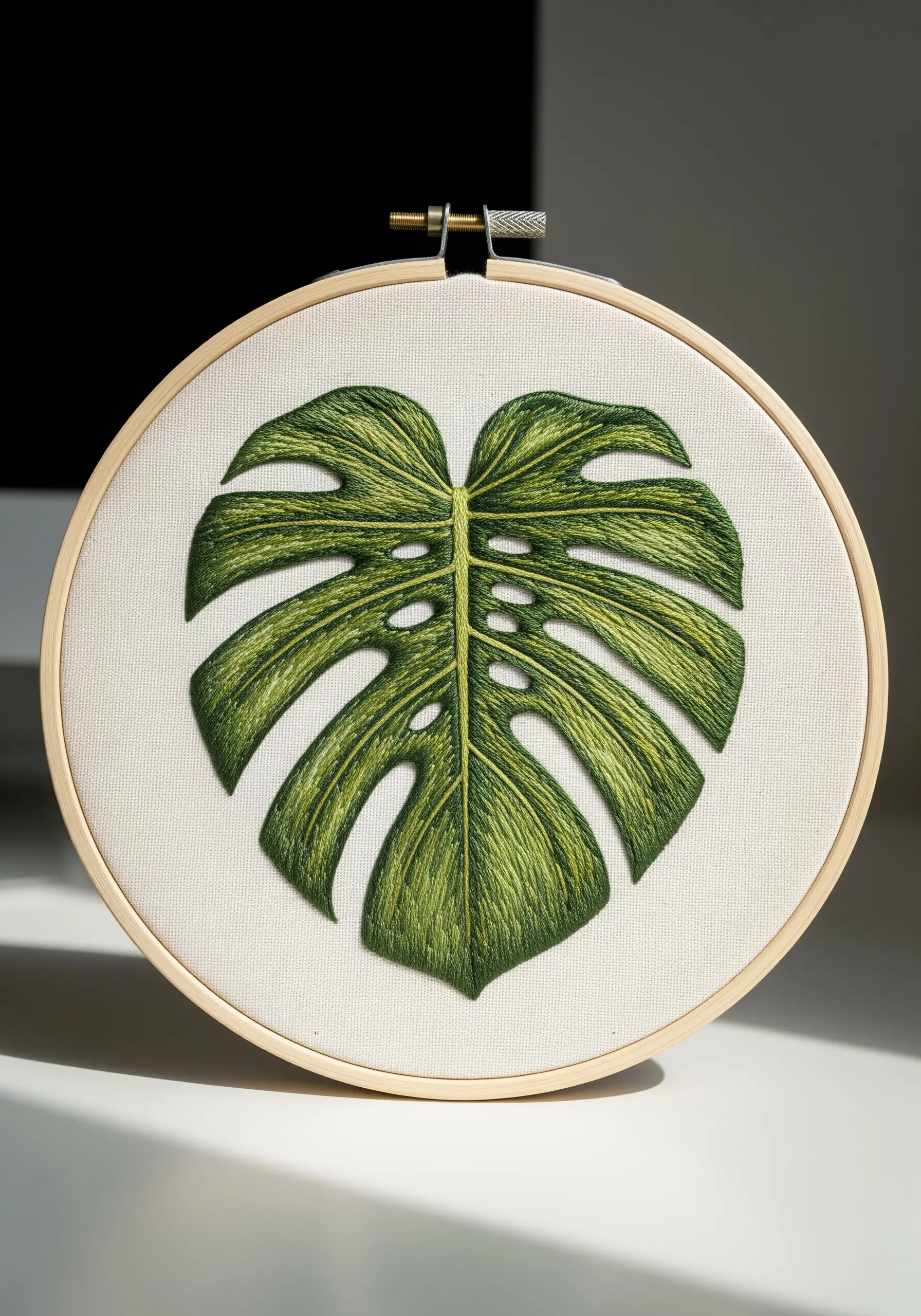 A realistic Monstera leaf embroidered with thread painting techniques to show light and shadow.