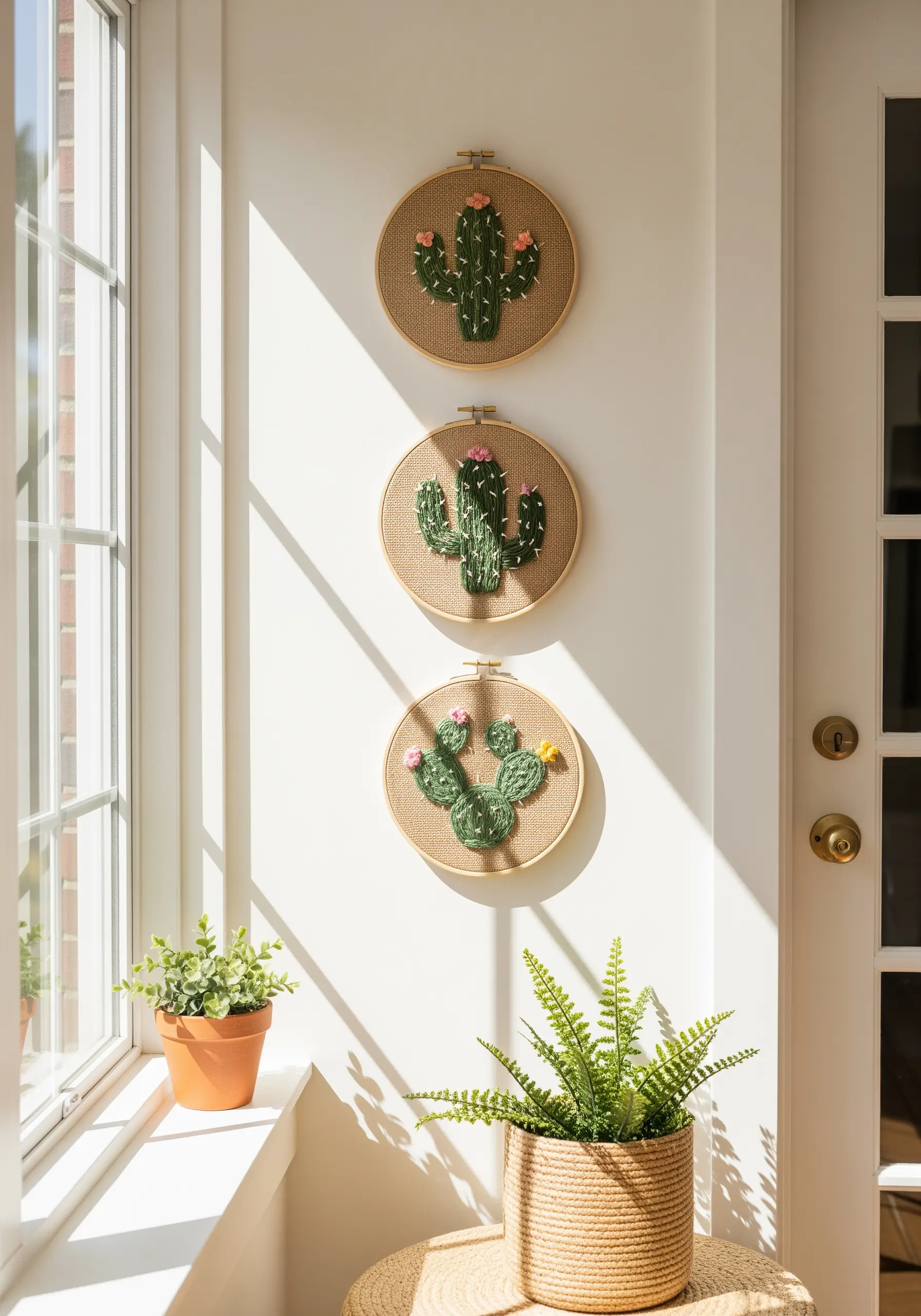 A trio of embroidery hoops displaying different types of cacti with textured, 3D stitches.