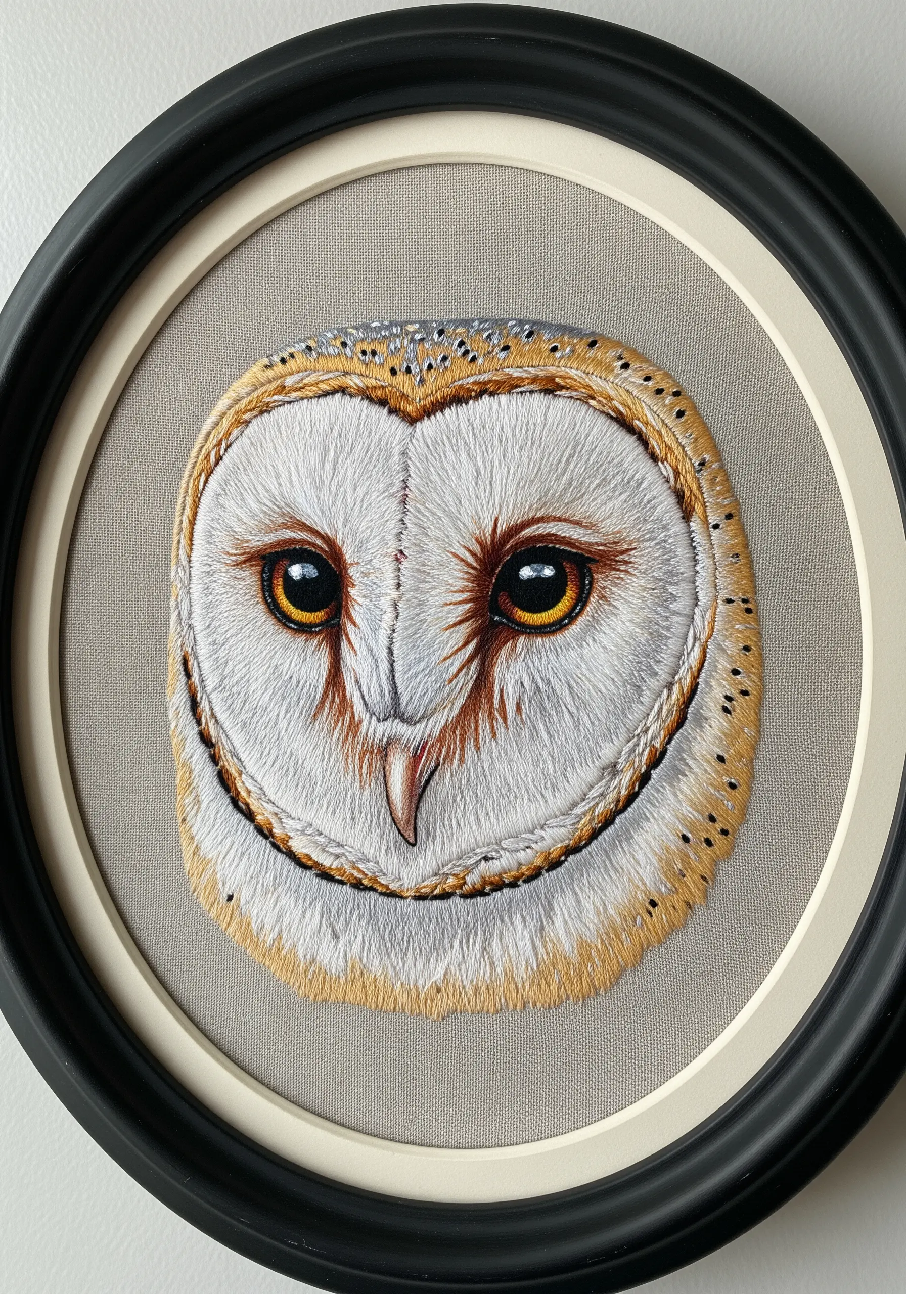 A hyper-realistic thread-painted portrait of a barn owl's face in a round black frame.