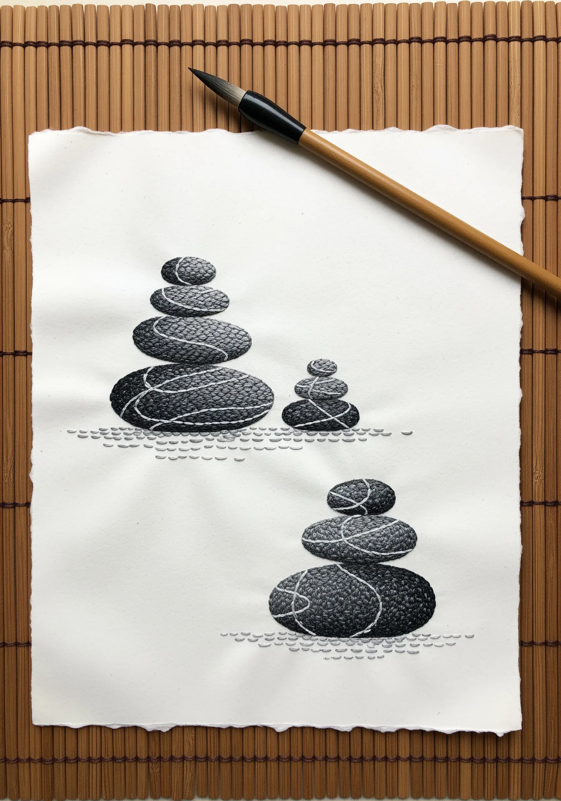 Embroidery on paper depicting stacked Zen stones with textural stitching.