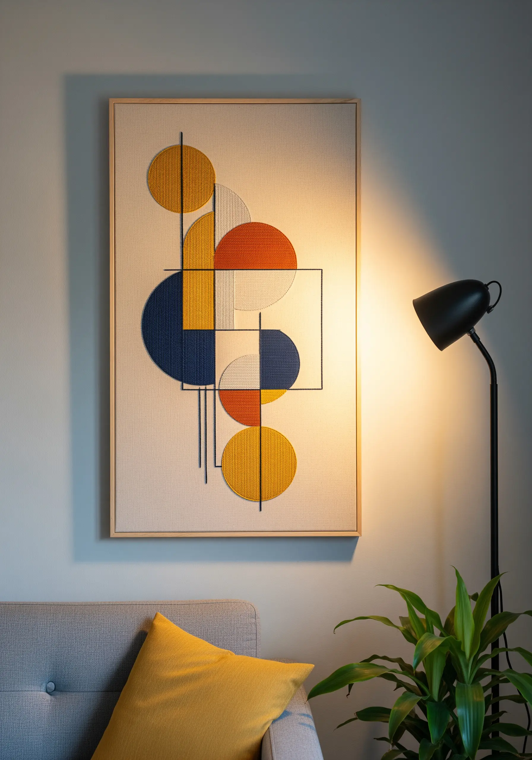 Framed abstract geometric embroidery with color-blocked circles and lines.