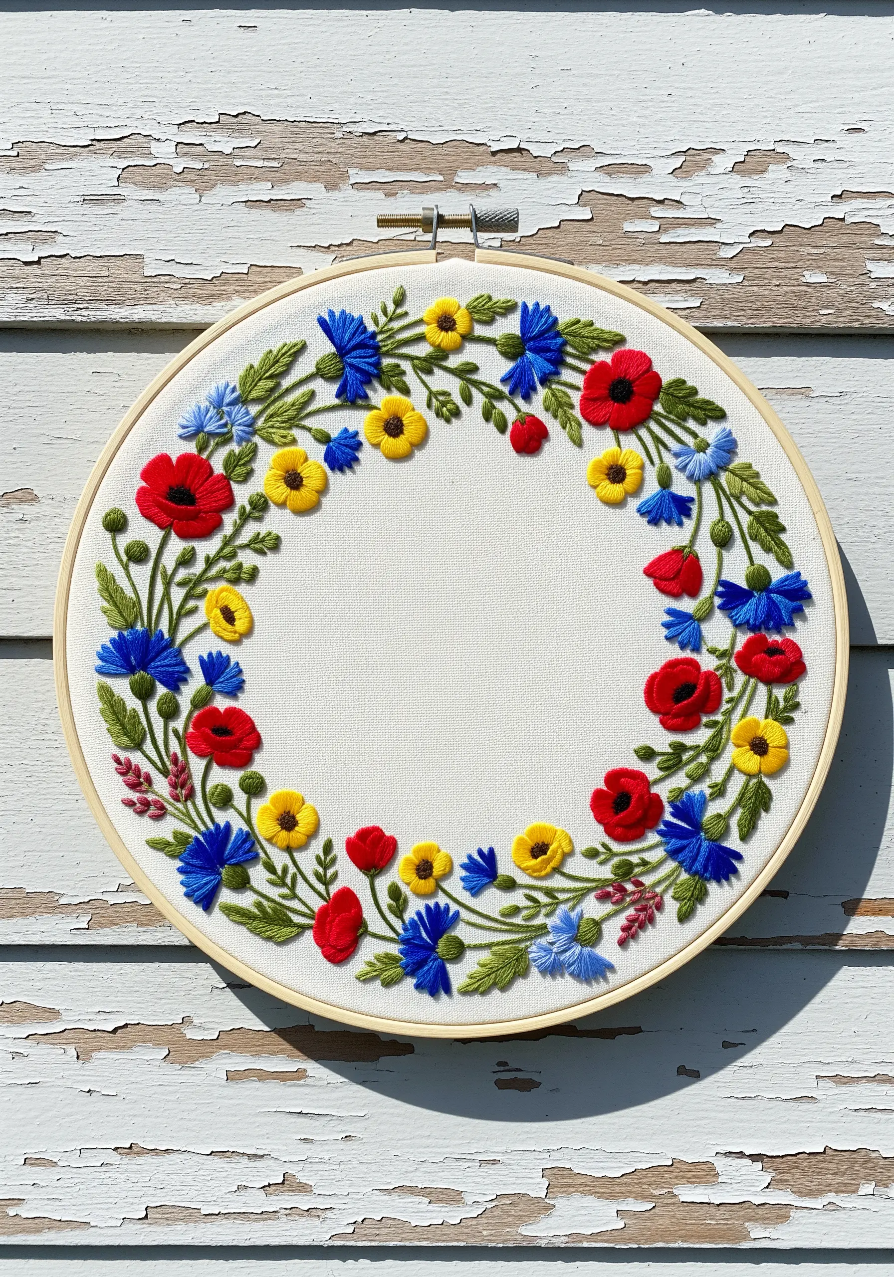 Full floral wreath with red poppies, blue cornflowers, and yellow daisies on white fabric.