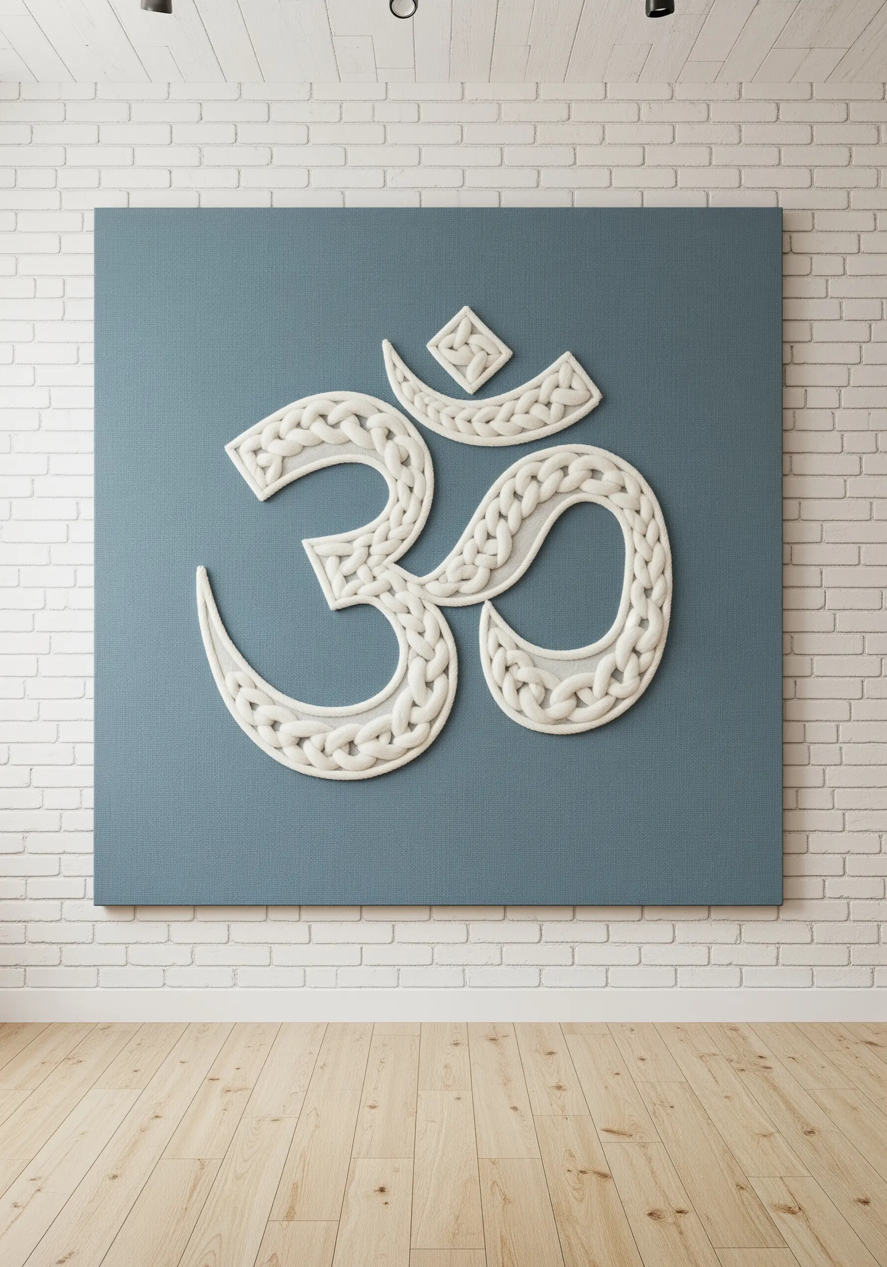 A large, three-dimensional Om symbol made of padded, braided texture on a blue canvas.