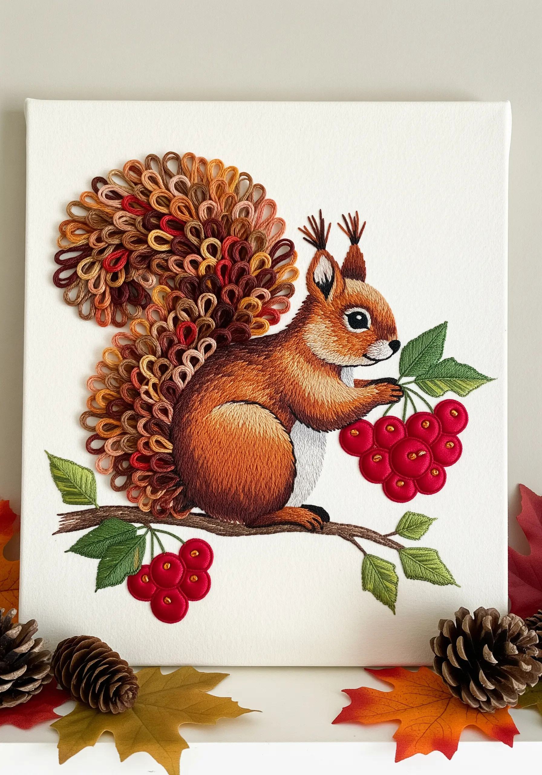 Embroidered squirrel with a highly textured, looped 3D stitch tail.