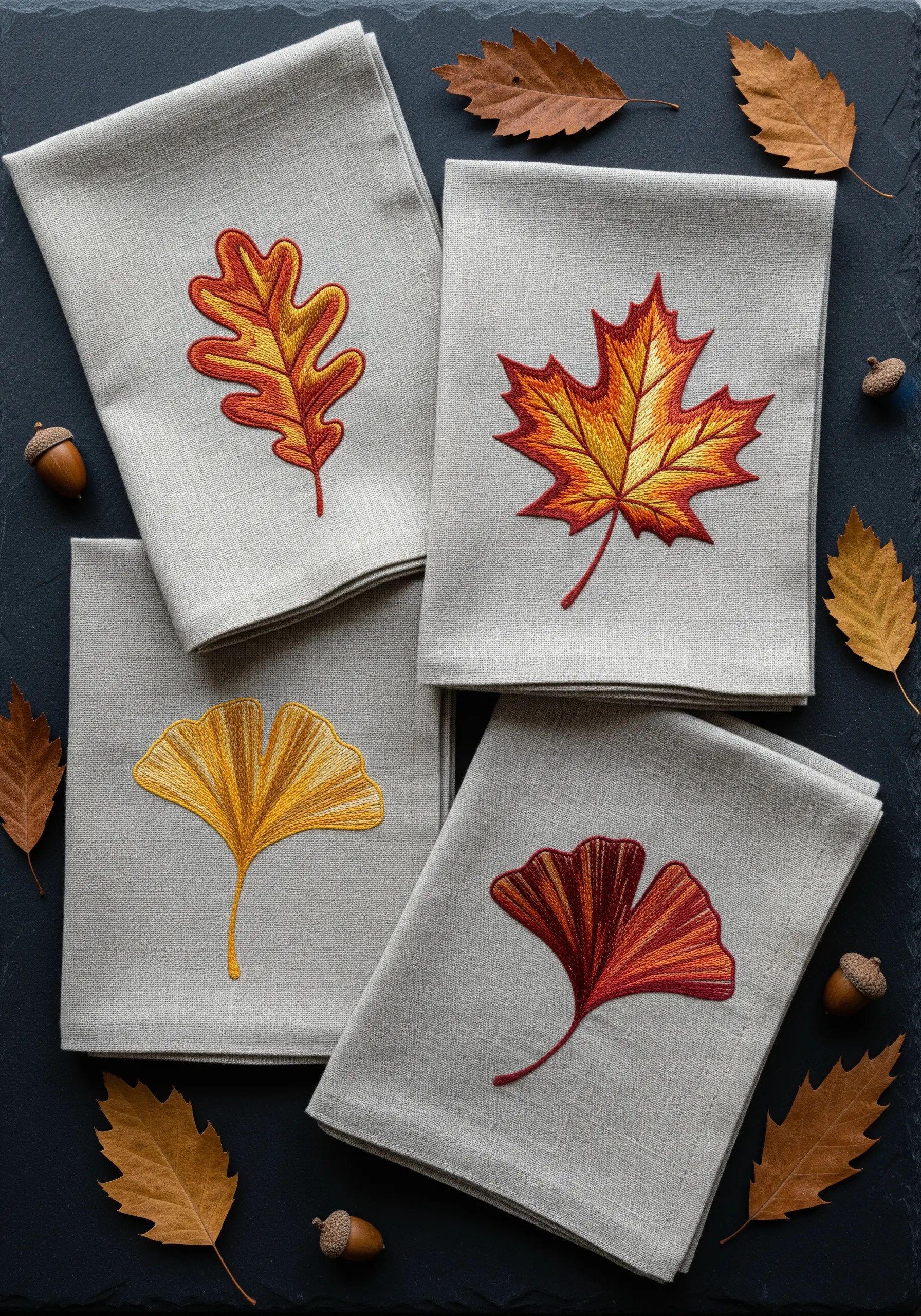 Four linen napkins embroidered with autumn leaves in gradient colors.