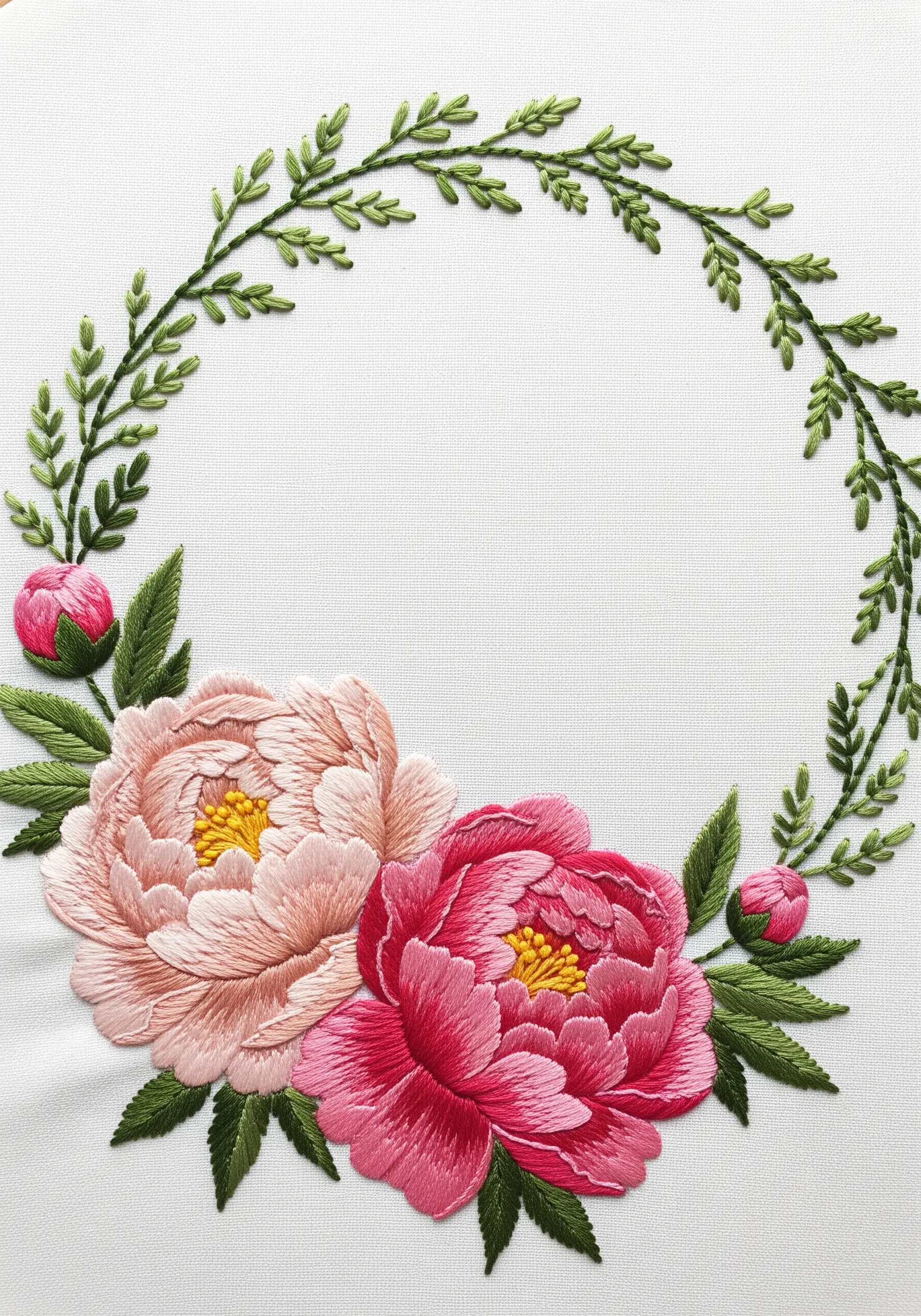 Two large, realistic peonies embroidered using thread painting techniques on white fabric.