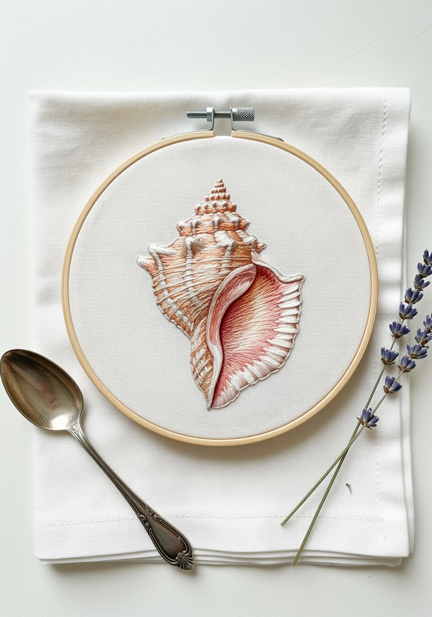 Realistic conch shell embroidery using split stitch for smooth color blending.