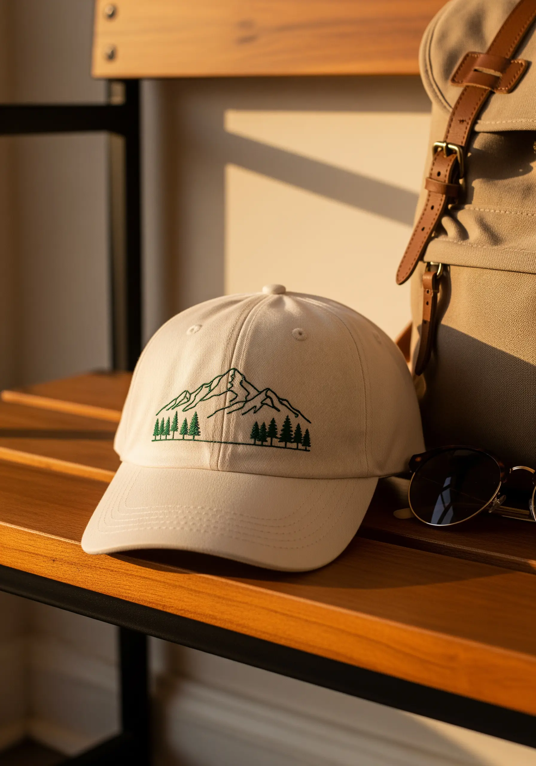 A minimalist black-outline mountain range with green trees embroidered on a beige baseball cap.