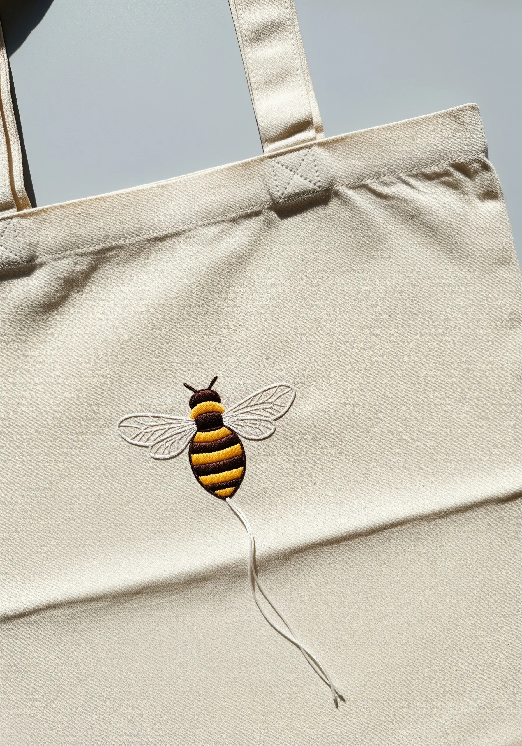 Detailed embroidered bee with blended satin stitch stripes and delicate outlined wings.
