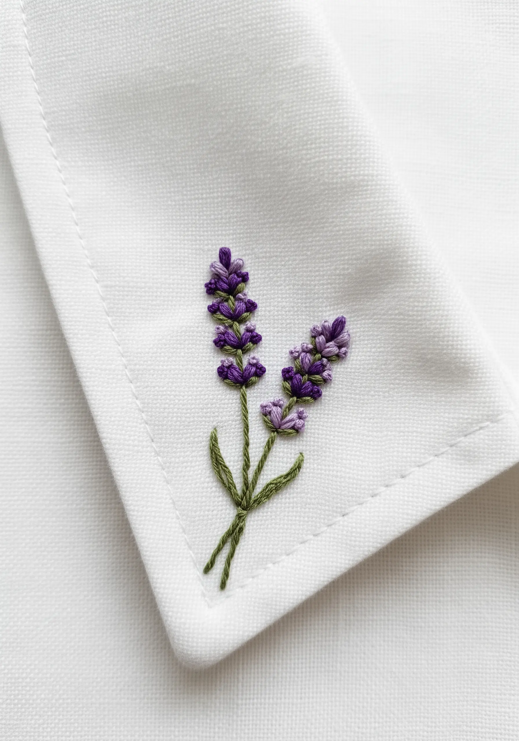Close-up of embroidered lavender with textured French knots and smooth stems on white linen.