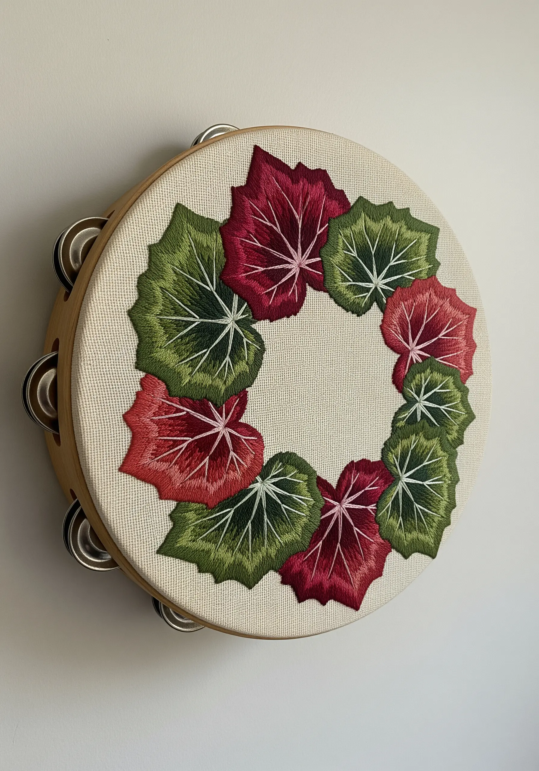 A wreath of red and green satin-stitched leaves embroidered on fabric stretched over a tambourine.