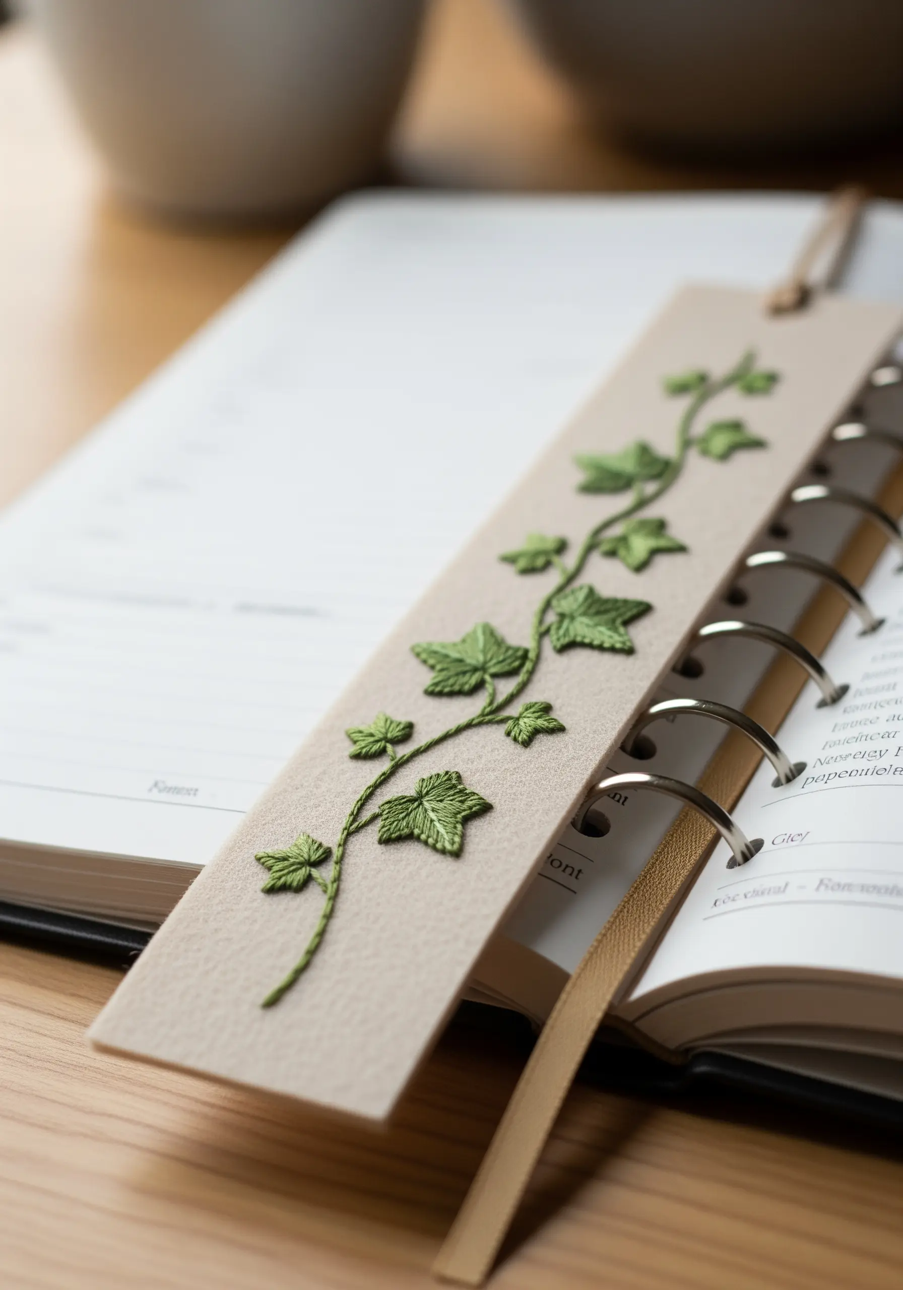 A hand-embroidered bookmark with a delicate green ivy vine resting in an open planner.