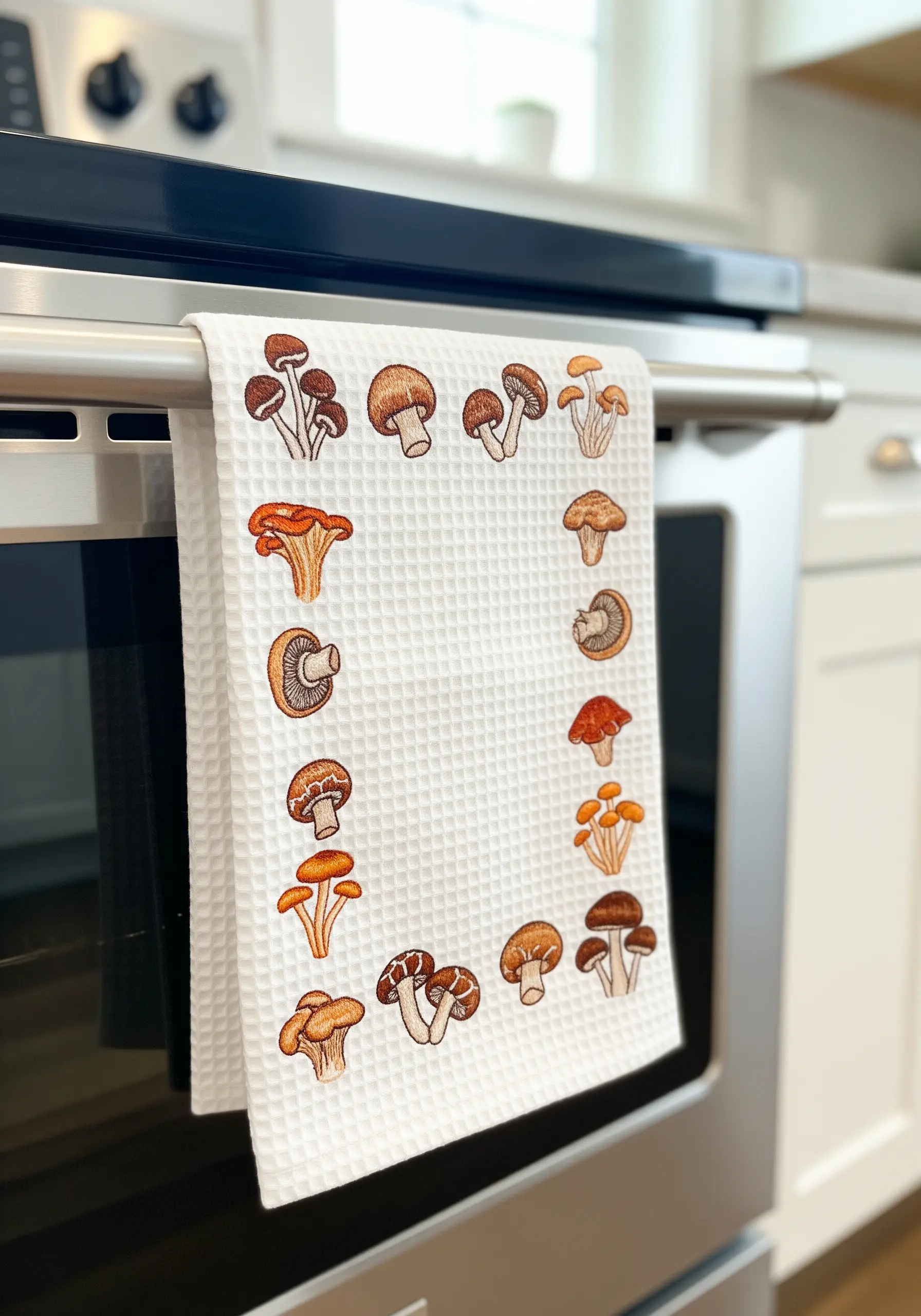 Various small mushroom motifs embroidered in a border on a white waffle-weave kitchen towel.