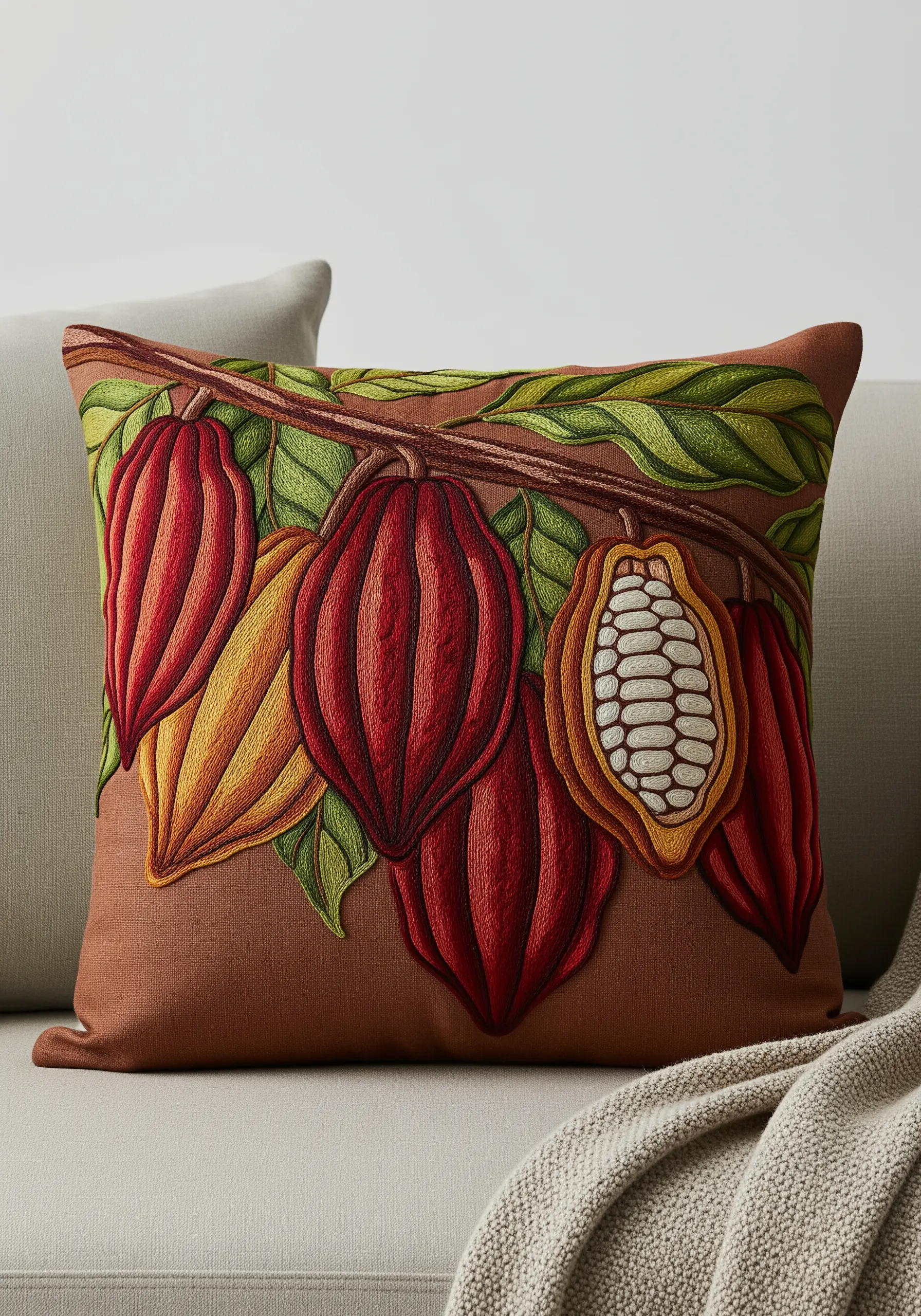 Embroidered pillow featuring detailed cacao pods with rich red and brown tones.